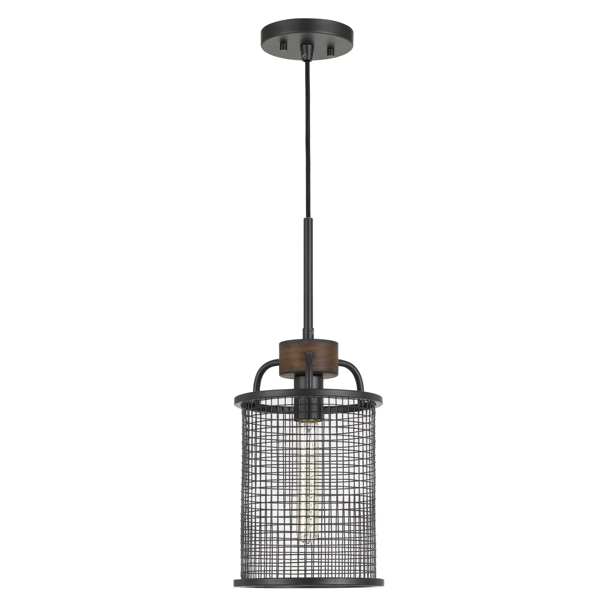 Cylindrical Grid Design Metal Chandelier with Wooden Accent, Black
