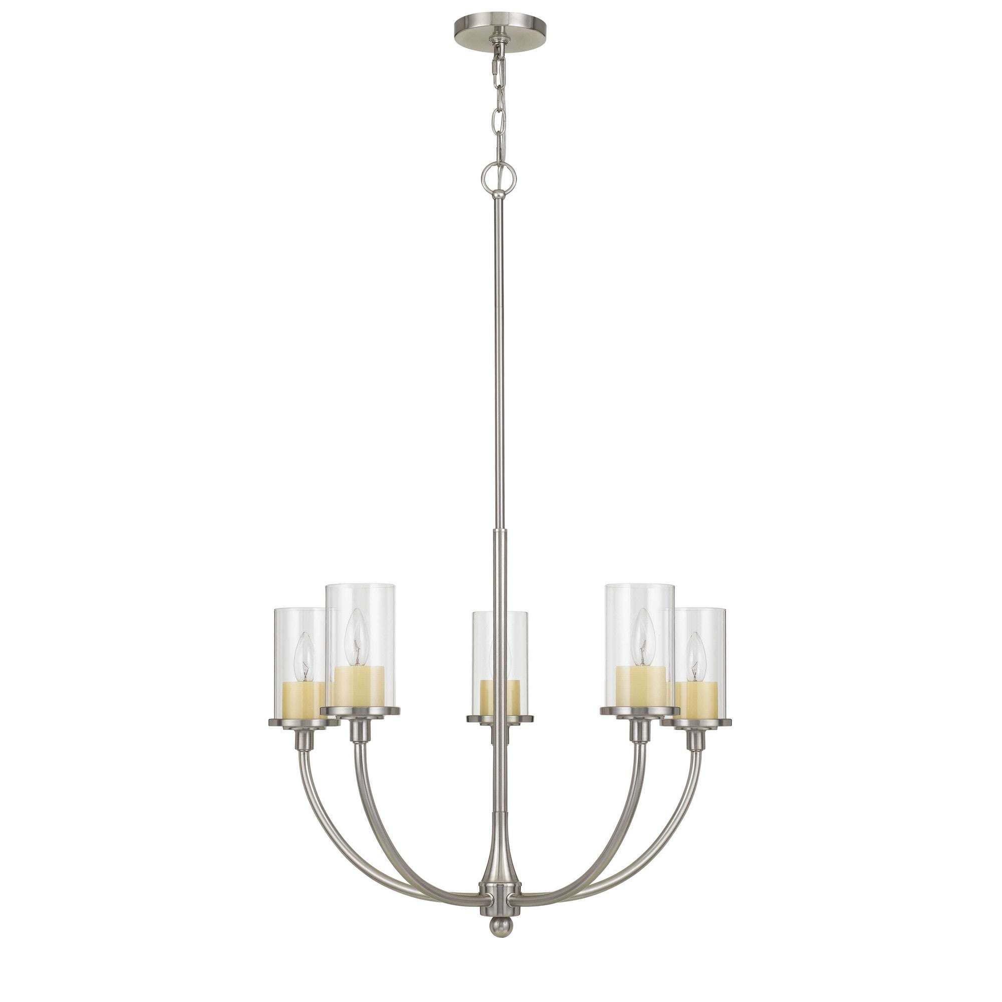Metal Chandelier with 5 Cylindrical Glass Shades, Silver