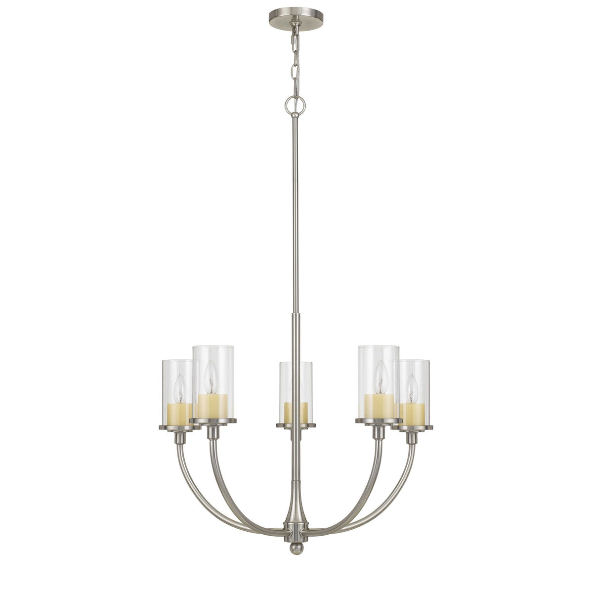 Metal Chandelier with 5 Cylindrical Glass Shades, Silver