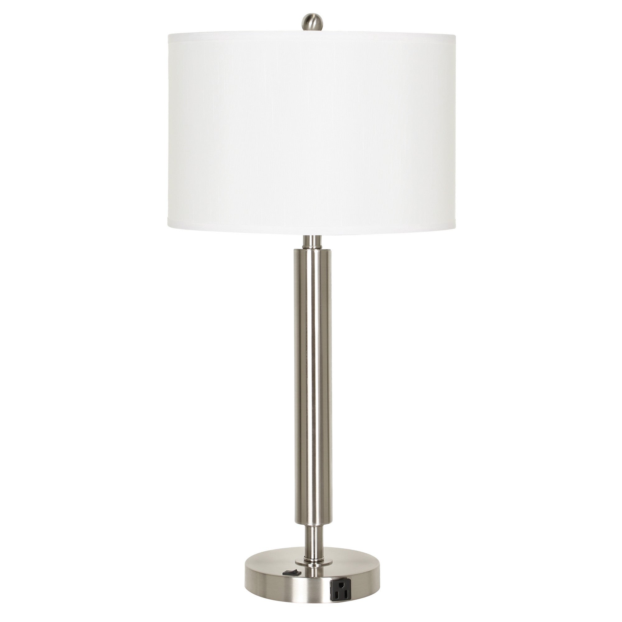 Metal Table Lamp with Fabric Drum Shade, White and Silver