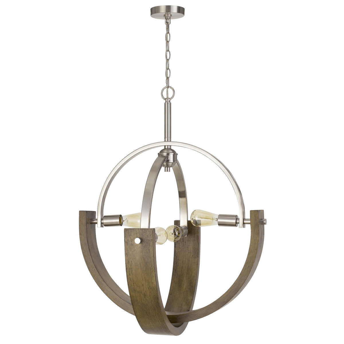4 Bulb Metal and Wooden Chandelier, Silver and Brown