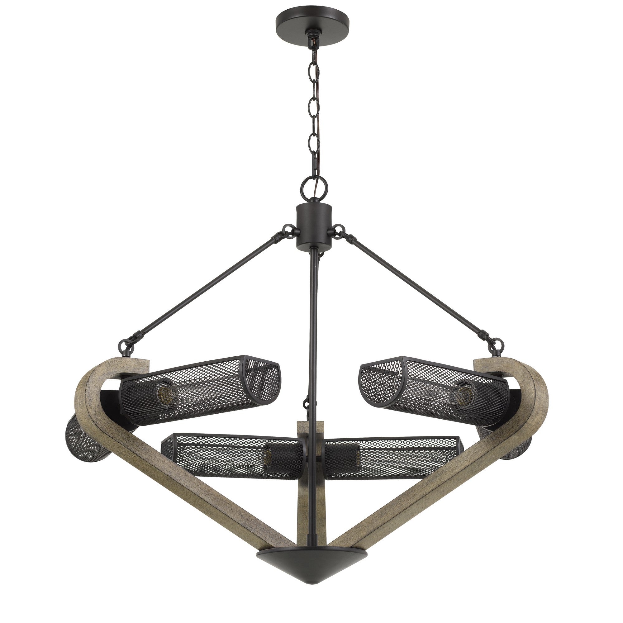 3 Bulb Conical Metal and Wooden Chandelier, Brown and Black