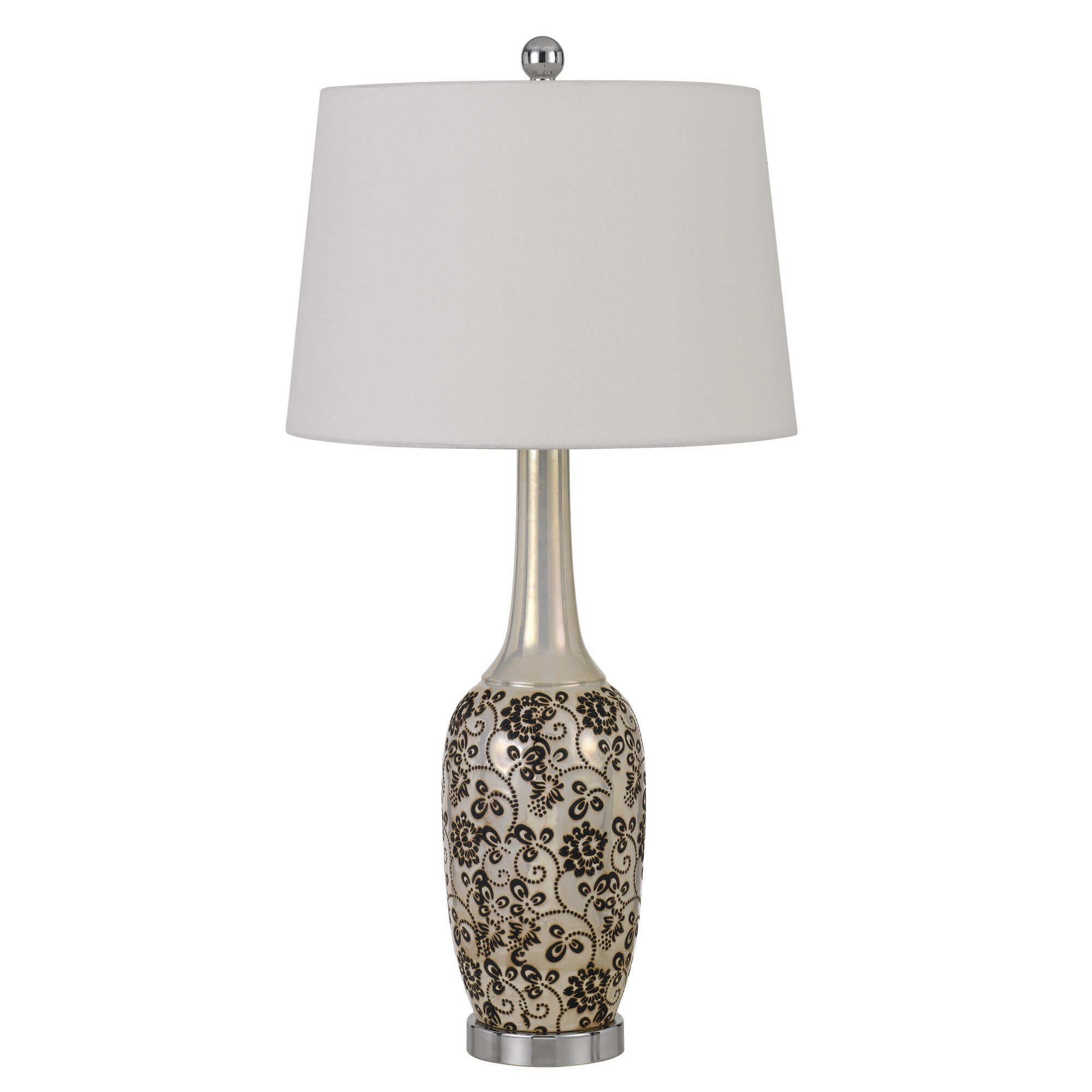 150 Watt Leaf Engraved Ceramic Base Table Lamp, Silver and Black