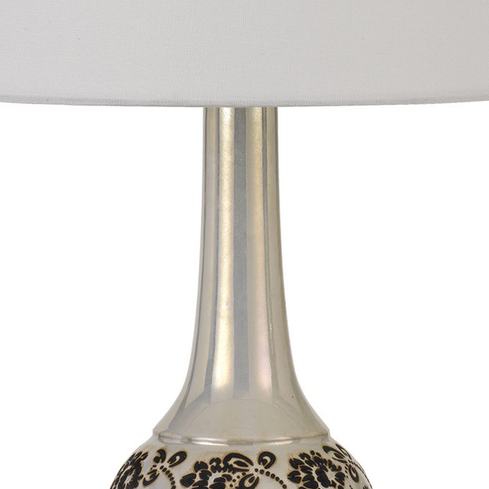 150 Watt Leaf Engraved Ceramic Base Table Lamp, Silver and Black