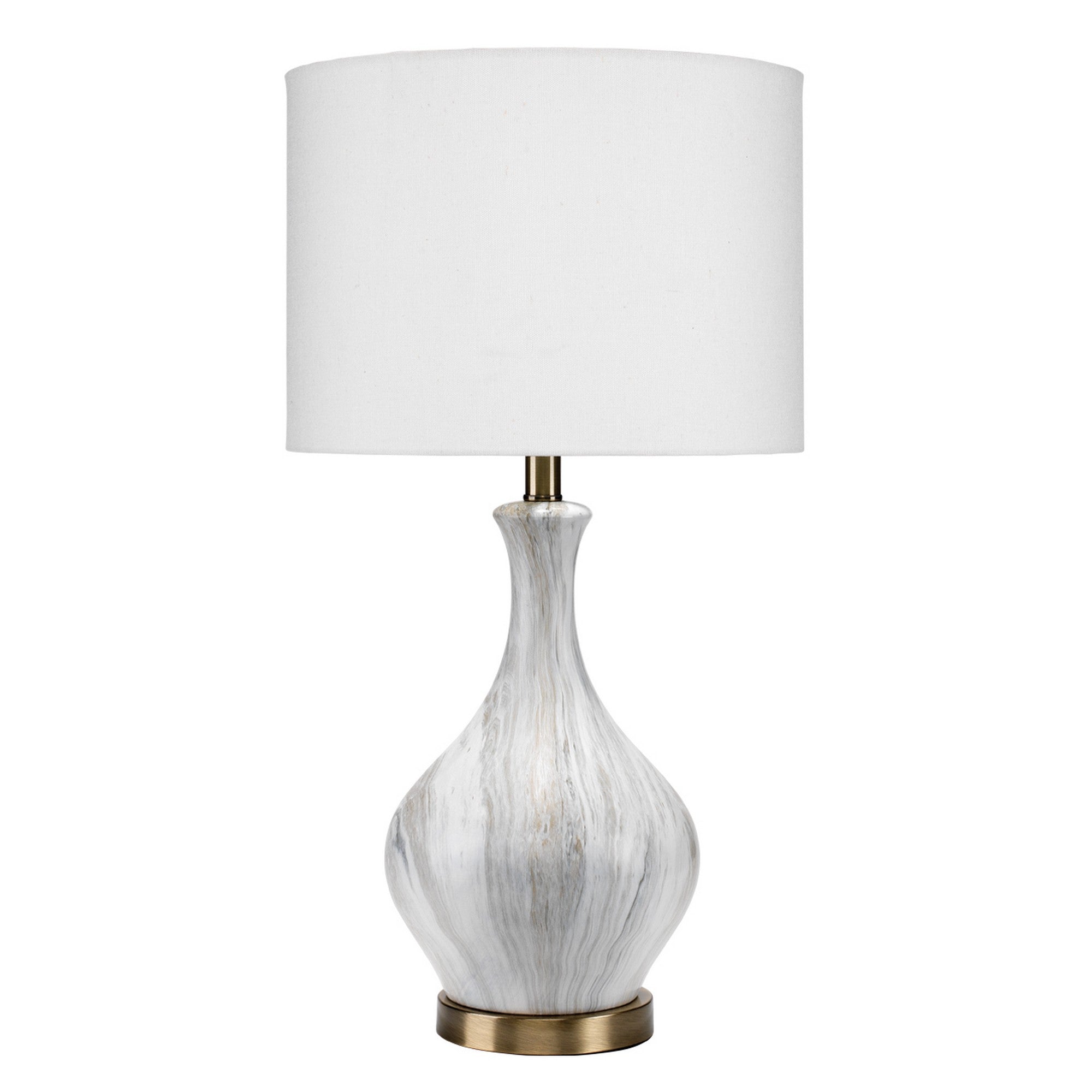 Table Lamp with Gourd Shaped Ceramic Body, White and Brass
