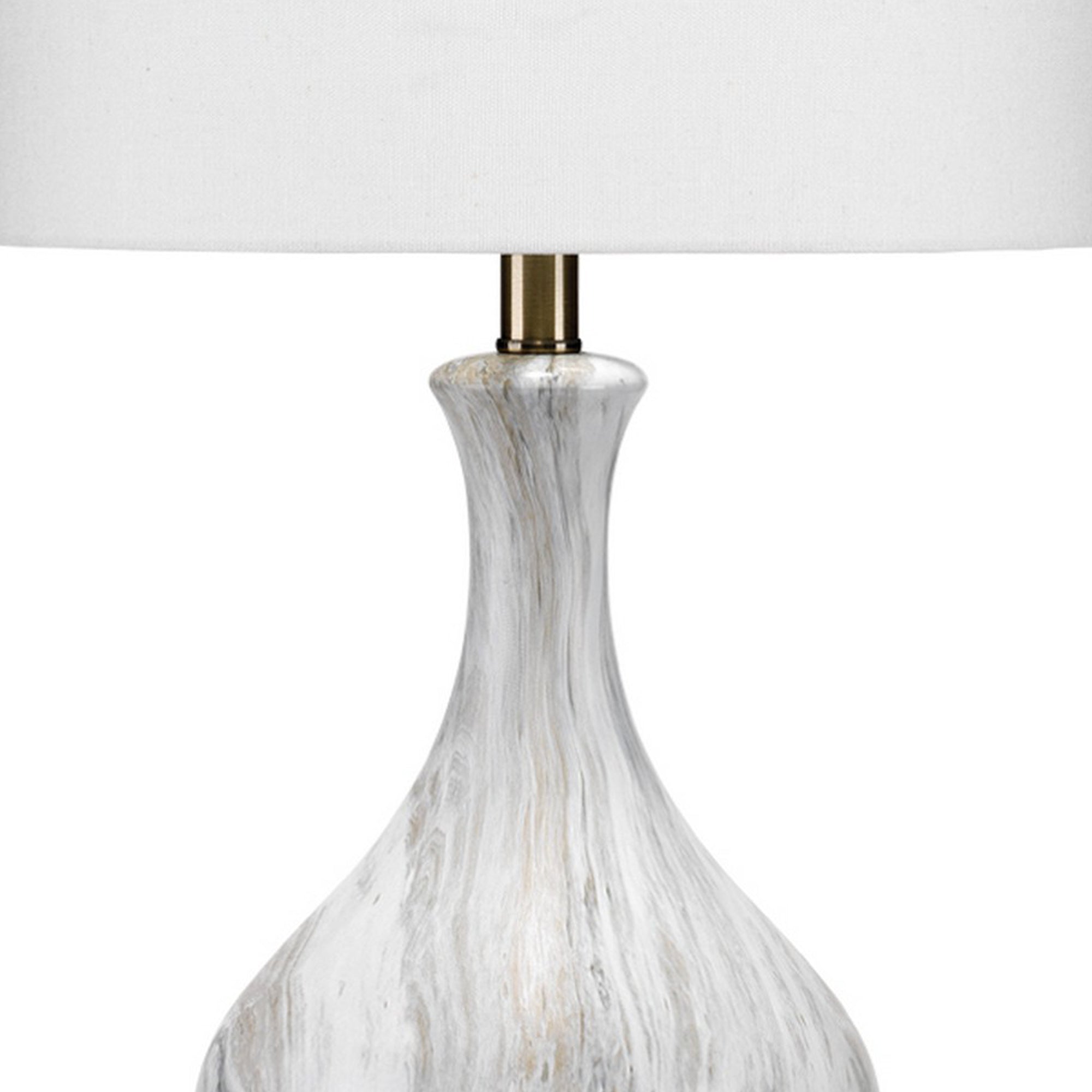 Table Lamp with Gourd Shaped Ceramic Body, White and Brass