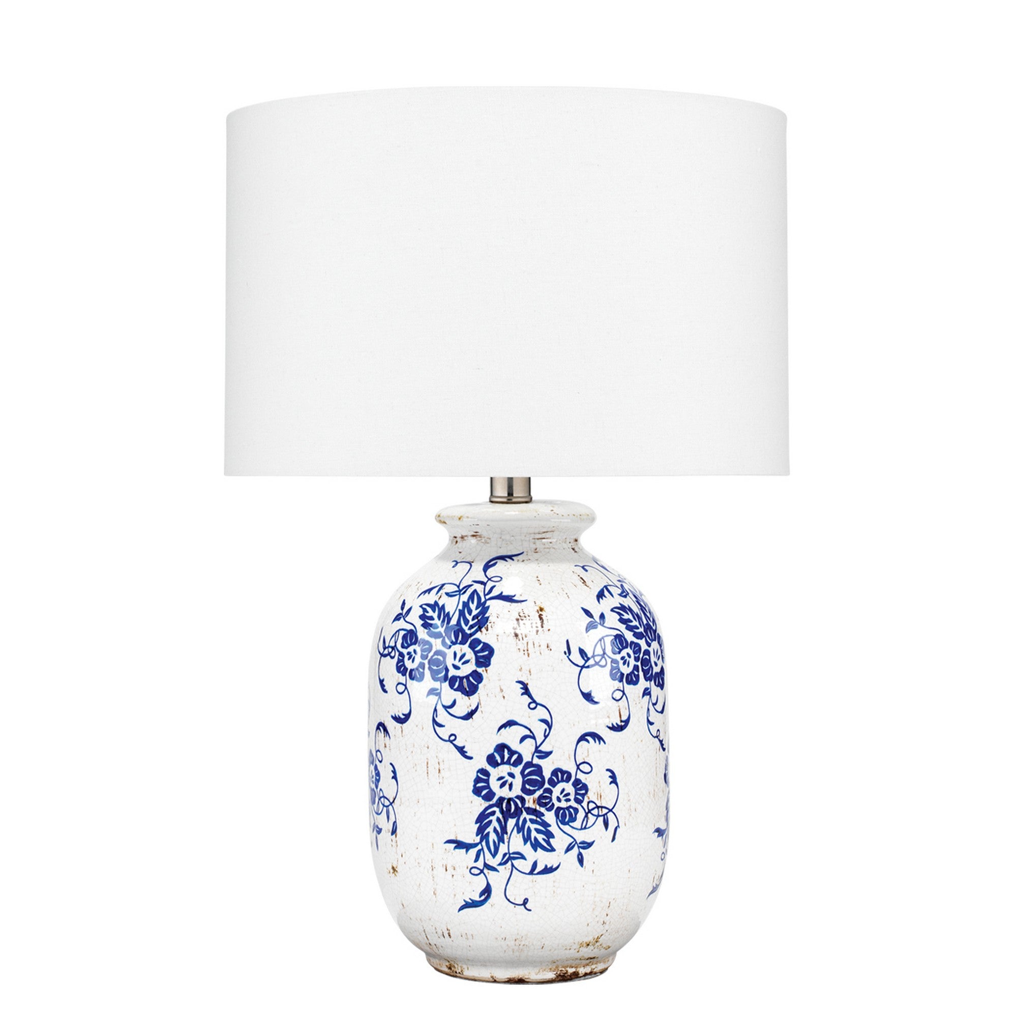 Table Lamp with Floral Pattern Ceramic Vase Base, White