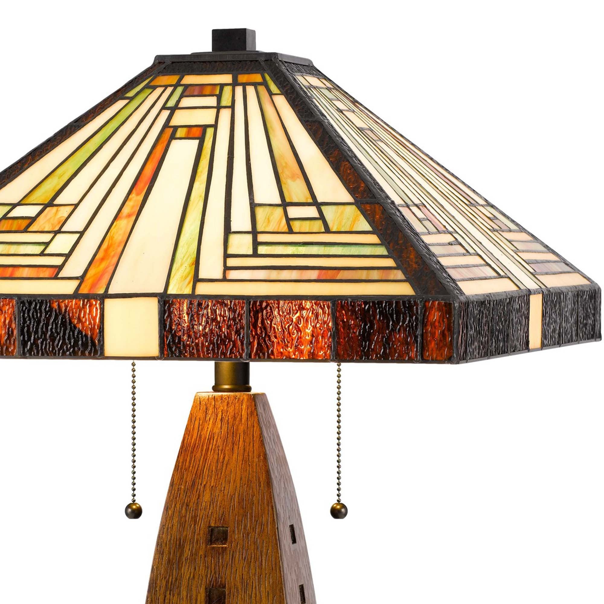Table Lamp with Tiffany Shade and Faux Wood Appeal, Multicolor