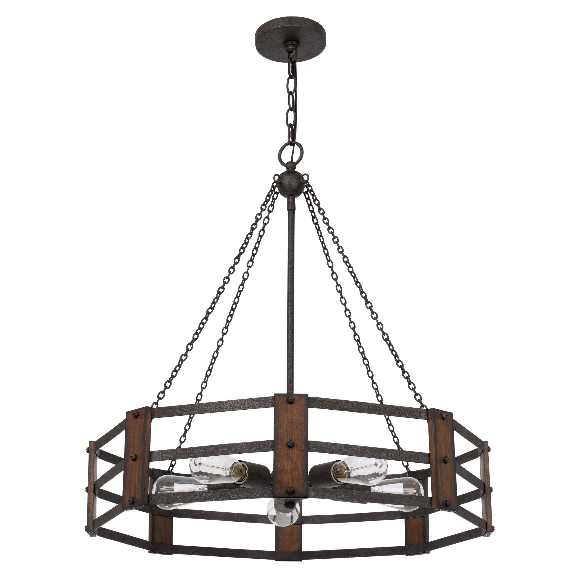 Chandelier with Octagonal Cage Design Metal Frame and Wood Accents, Brown