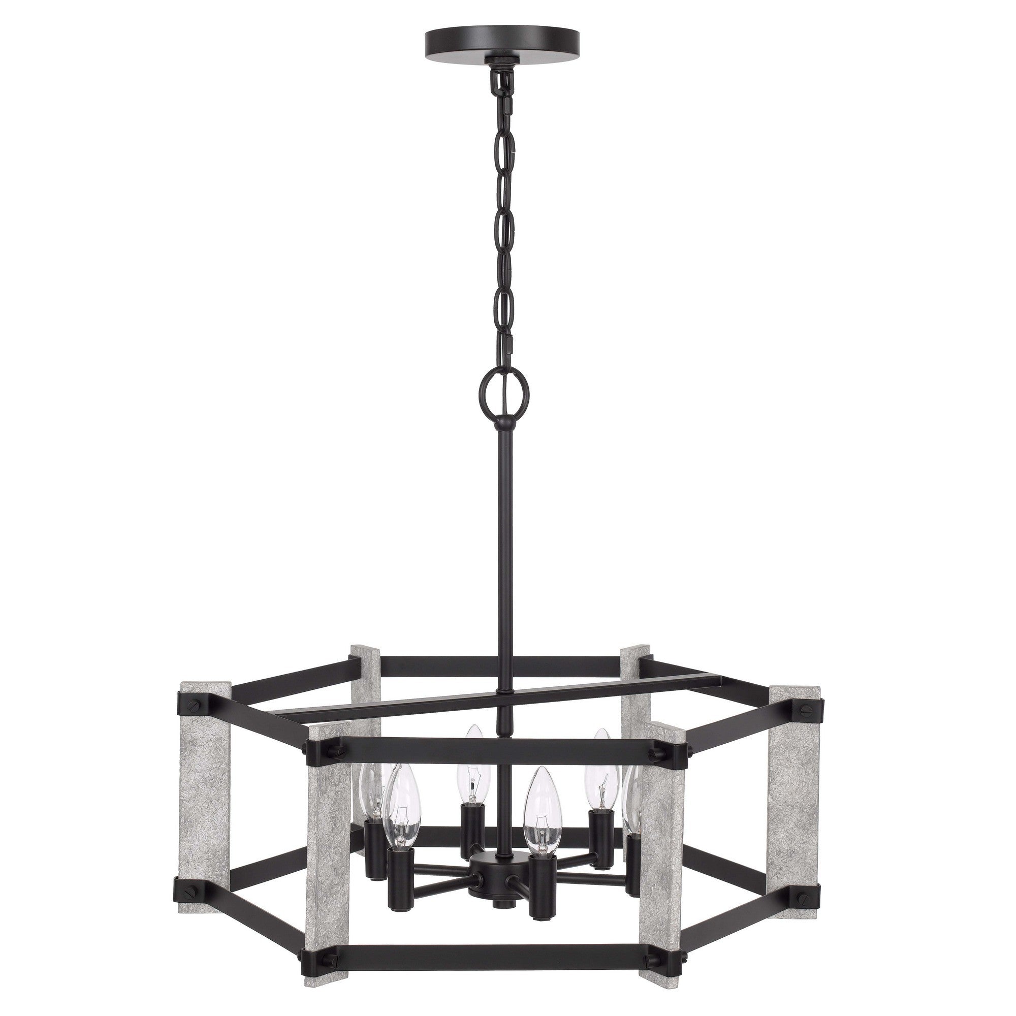 Chandelier with Hexagonal Cage Design Metal Frame, Gray and Black