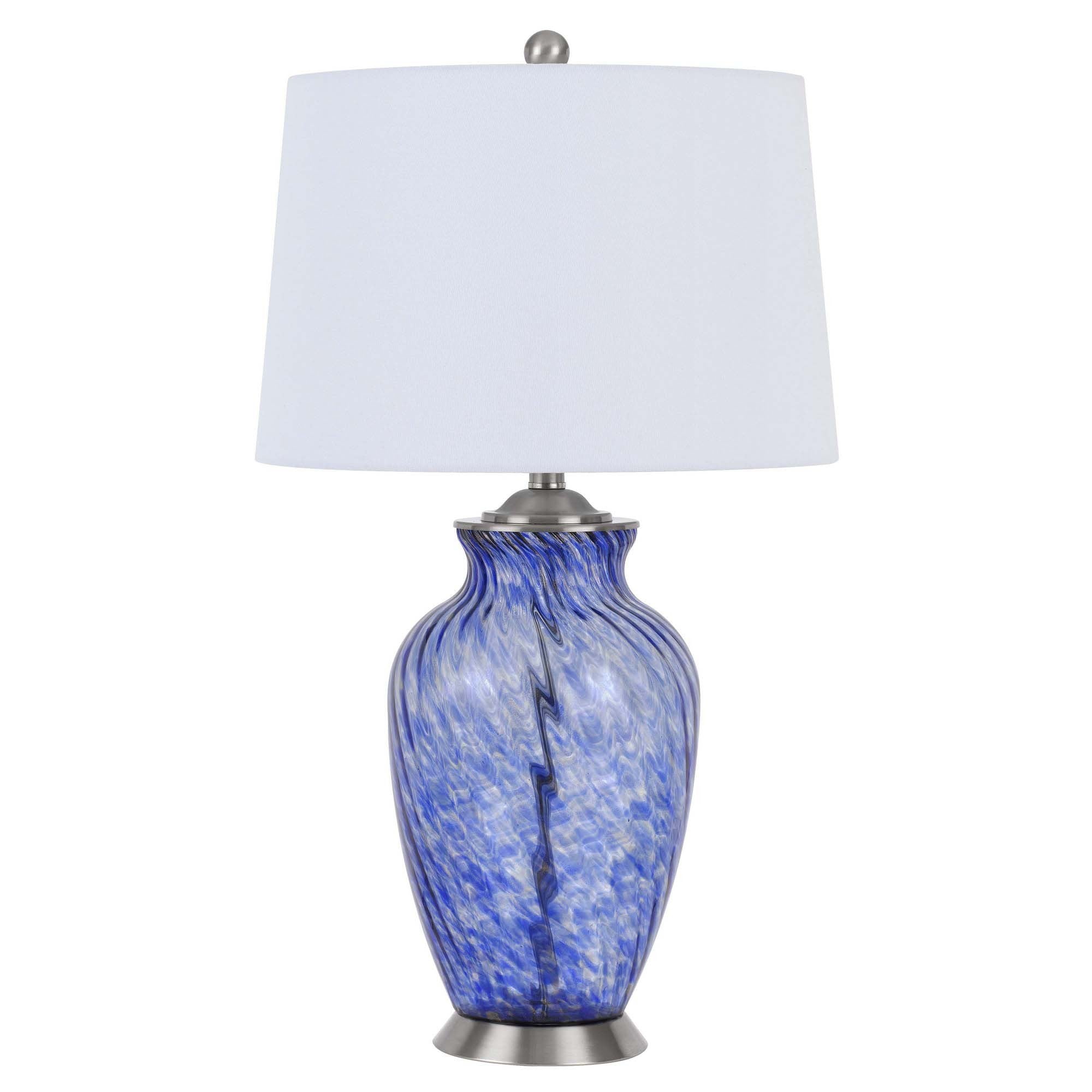 Table Lamp with Drum Shade and Glass Jar Base, White and Blue