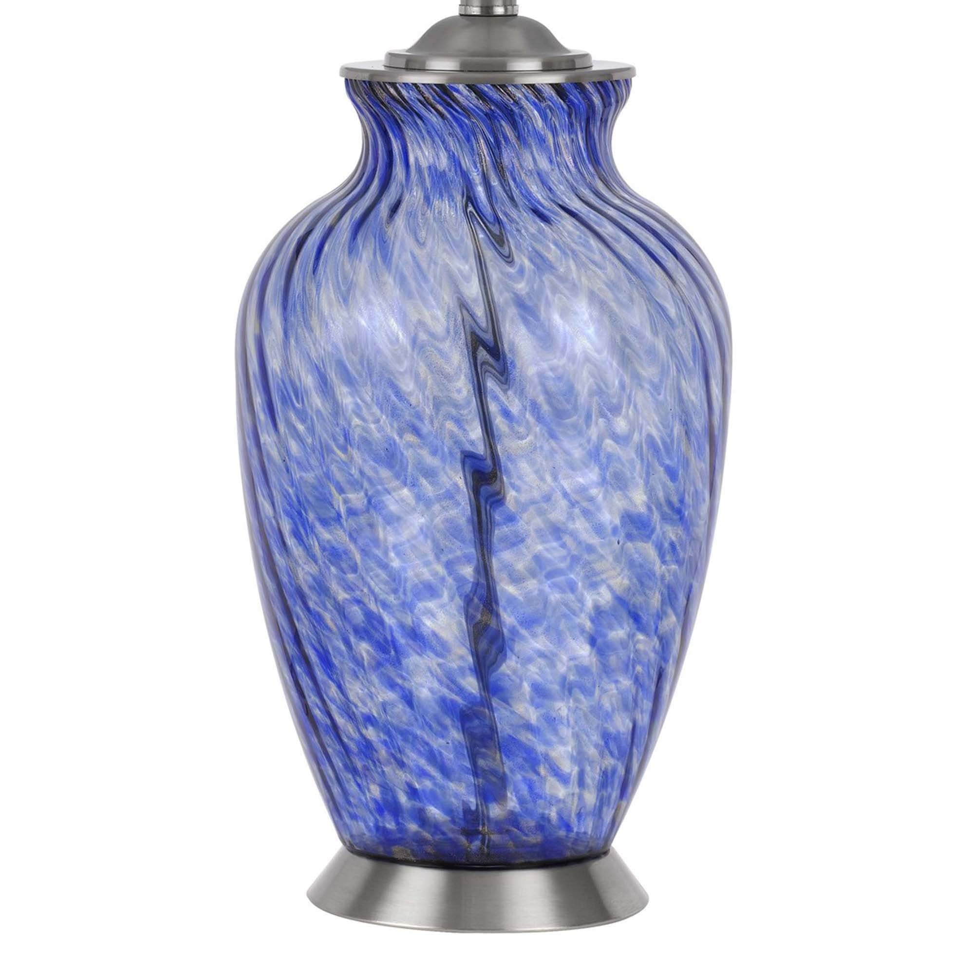 Table Lamp with Drum Shade and Glass Jar Base, White and Blue