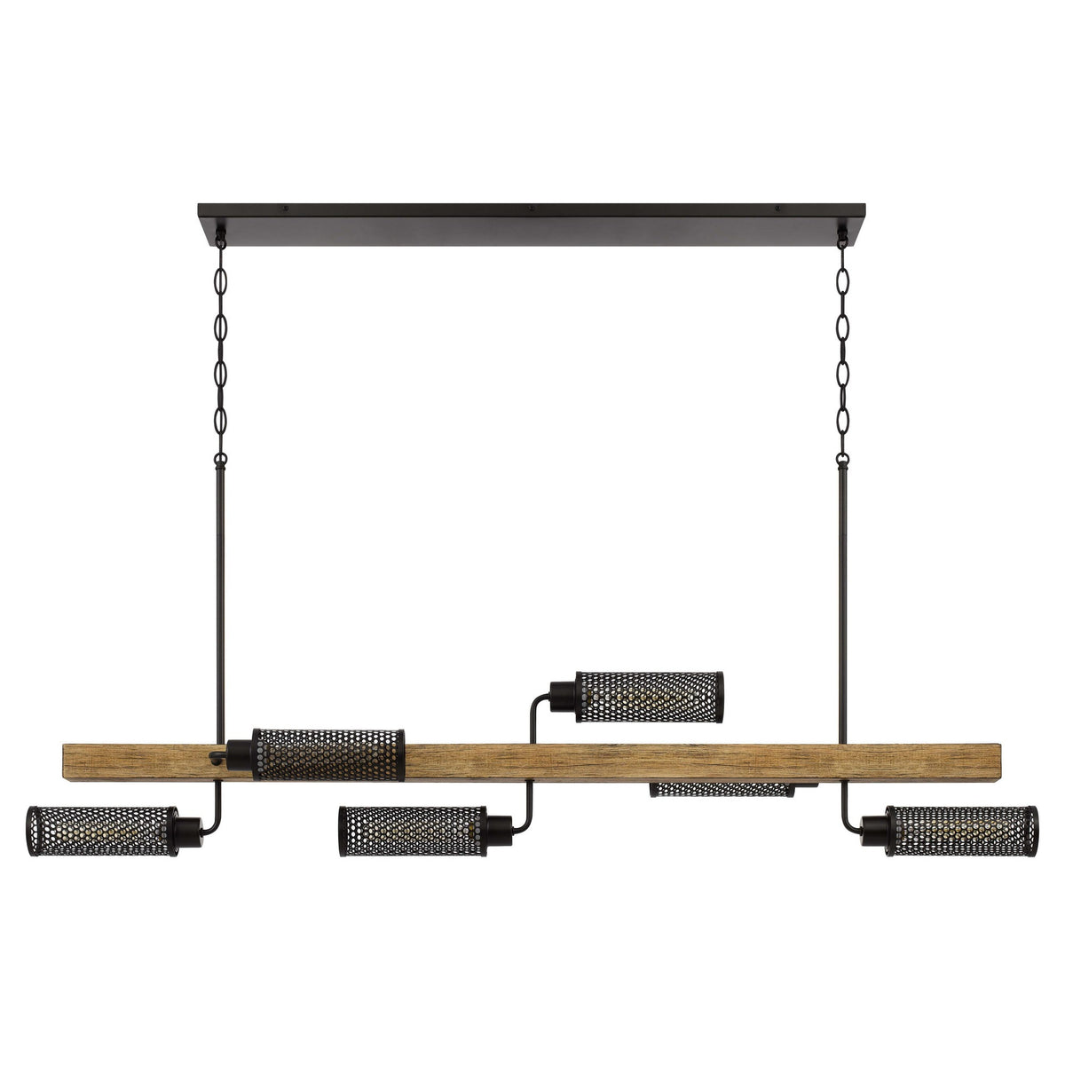 Island Chandelier with 6 Mesh Metal Shades and Wooden Support, Black