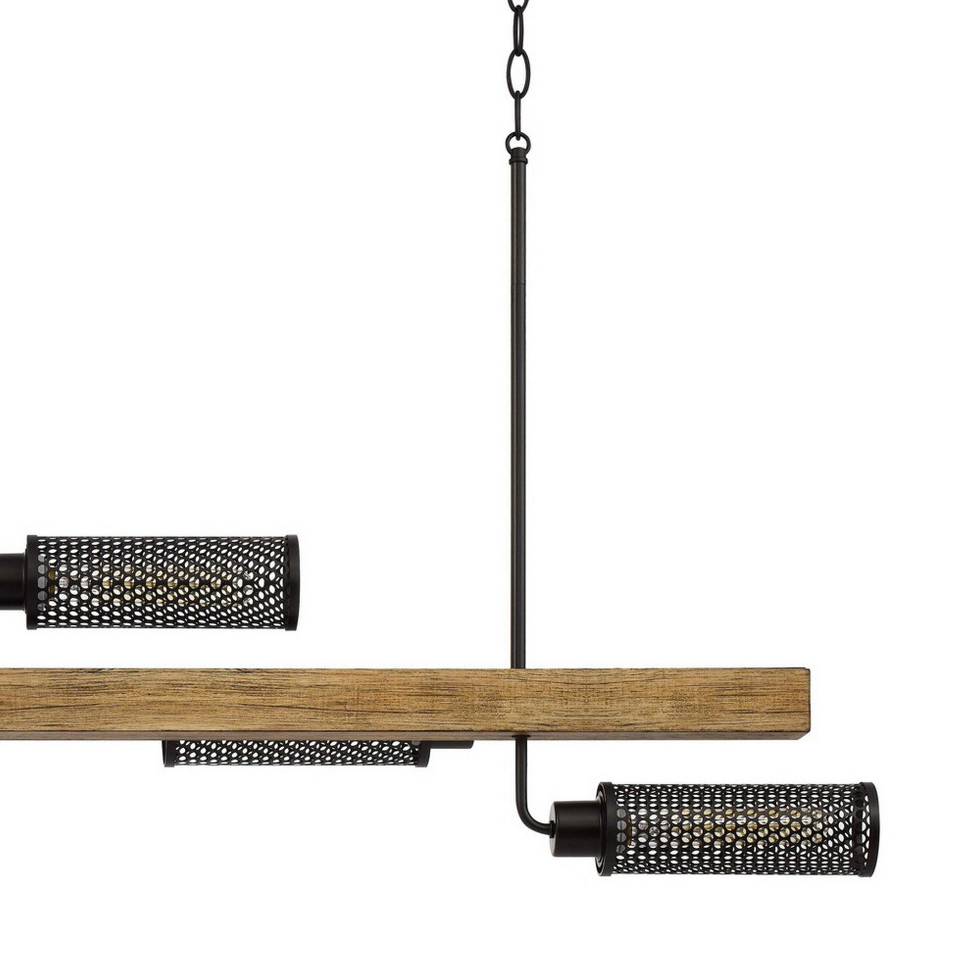 Island Chandelier with 6 Mesh Metal Shades and Wooden Support, Black