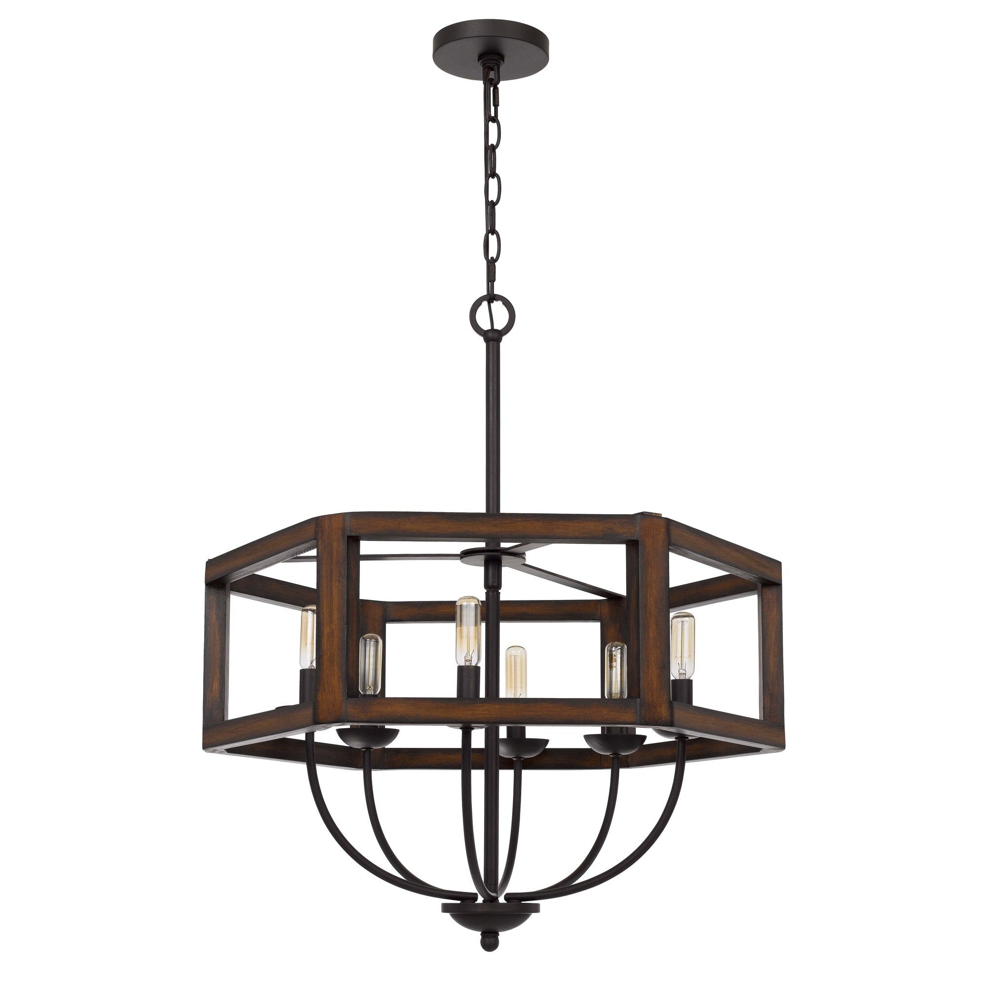 Chandelier with Hexagonal Open Wooden Frame and Hanging Chain, Brown
