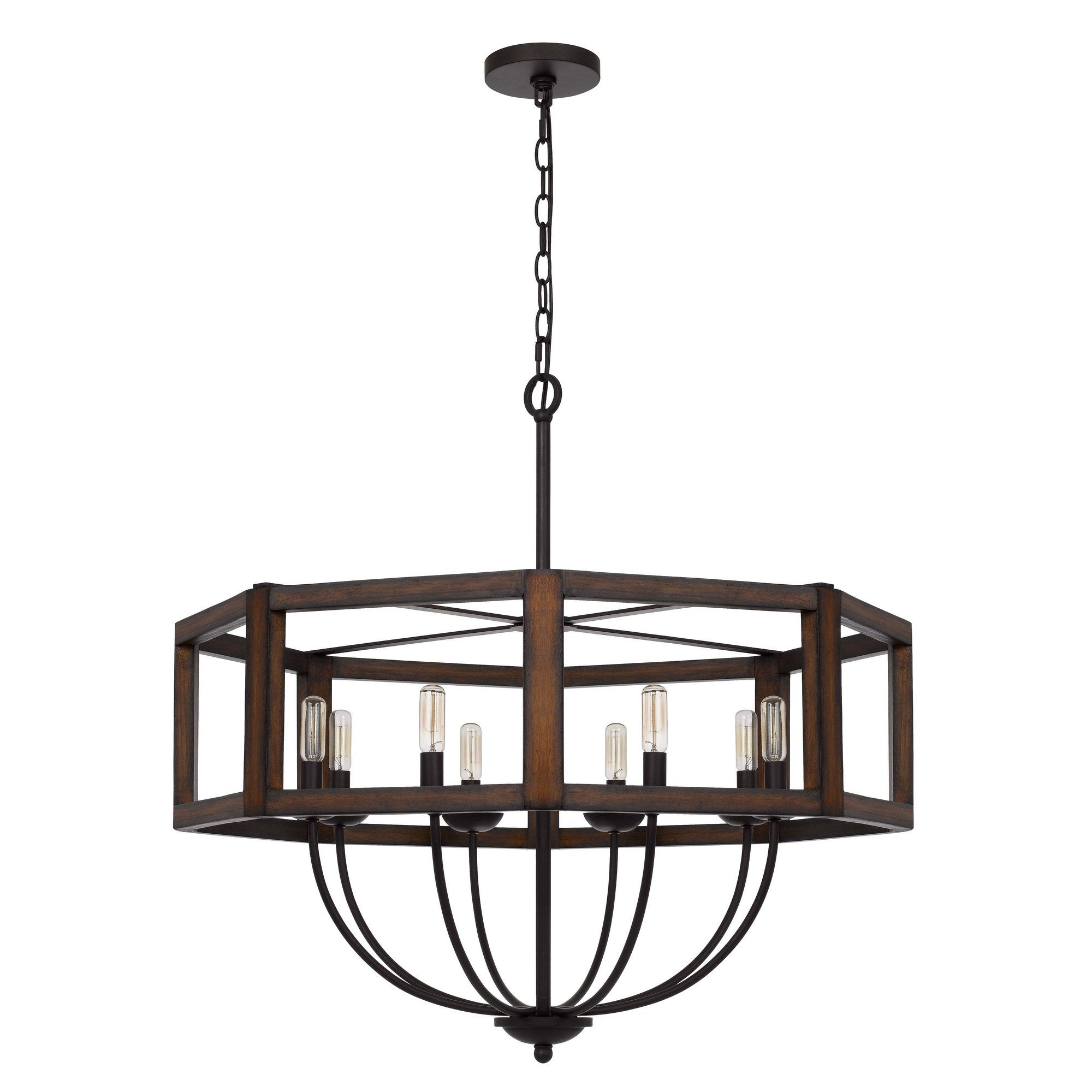 Chandelier with Hexagonal Shape Open Wooden Frame and Hanging Chain, Brown