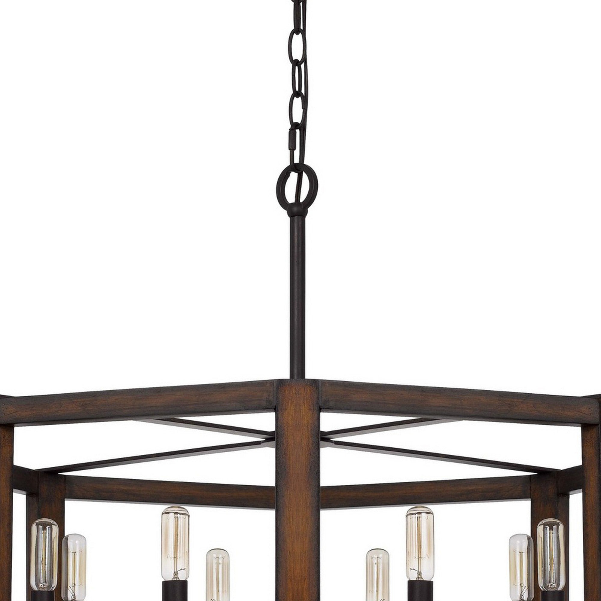 Chandelier with Hexagonal Shape Open Wooden Frame and Hanging Chain, Brown