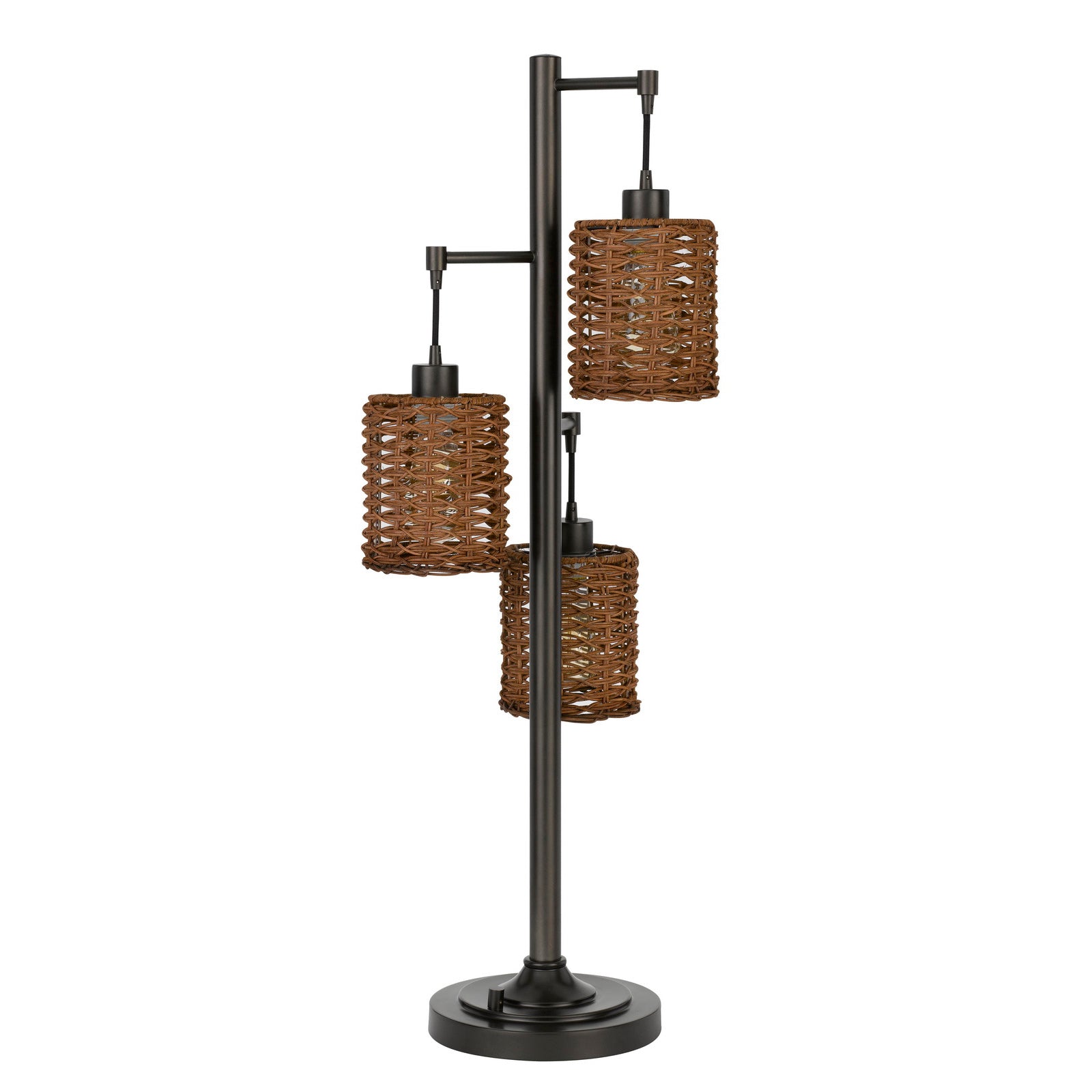 37 Inch Metal Table Lamp, 3 Hanging Rattan Shades, Bronze Black