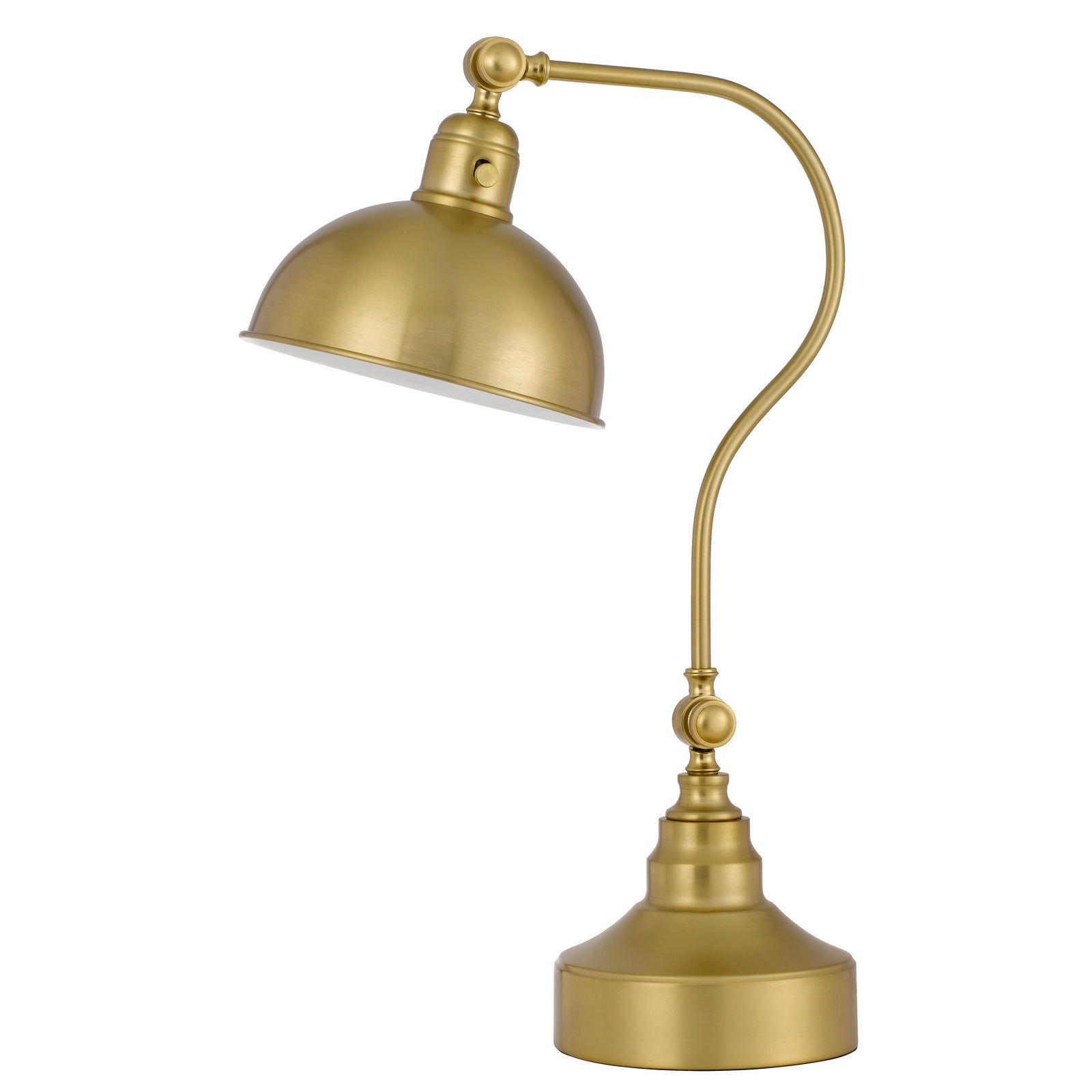 25 Inch Metal Curved Desk Lamp, Adjustable Dome Shade, Brass
