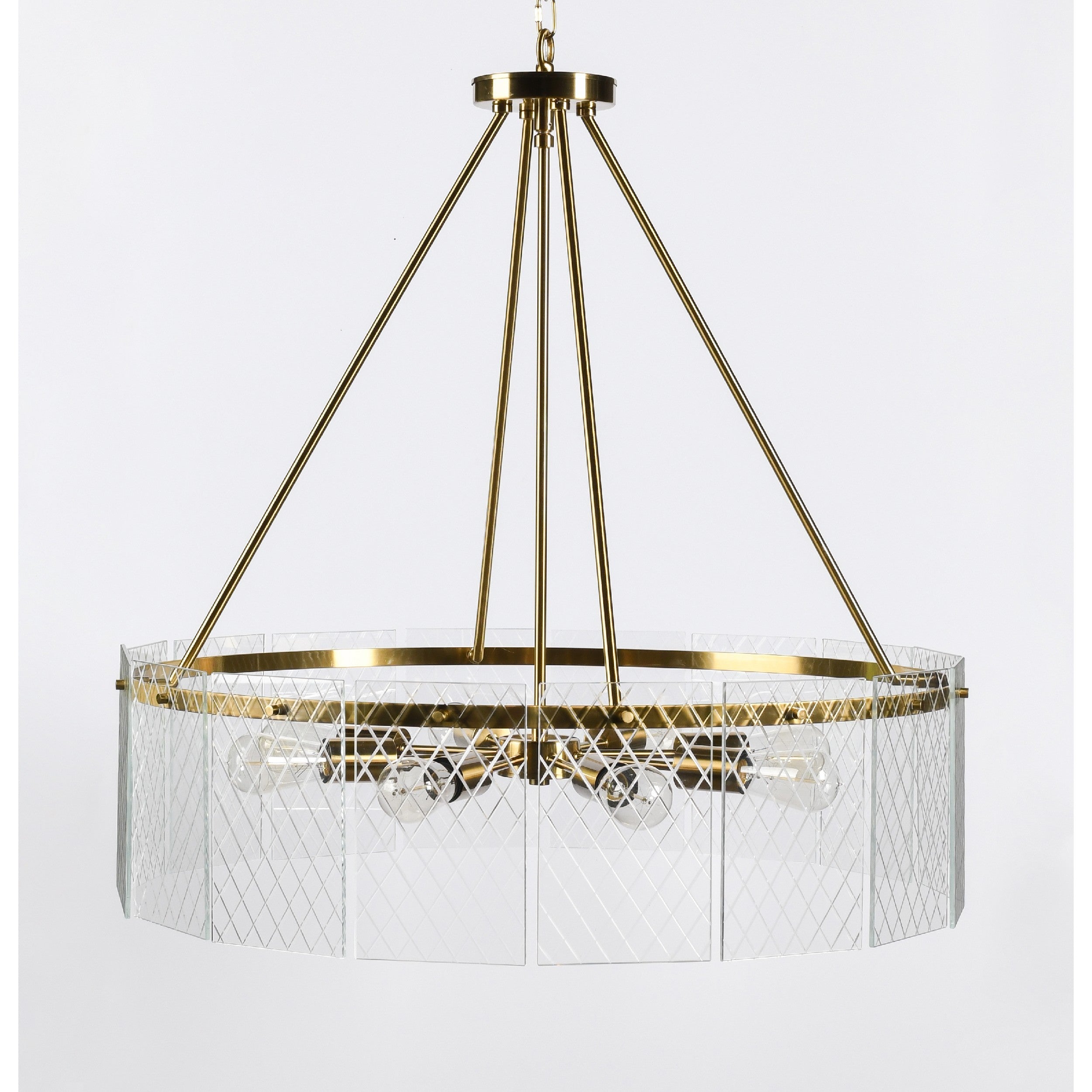 32 Inch Round 8 Light Chandelier, Diamond Lattice, Gold Iron, Clear Glass
