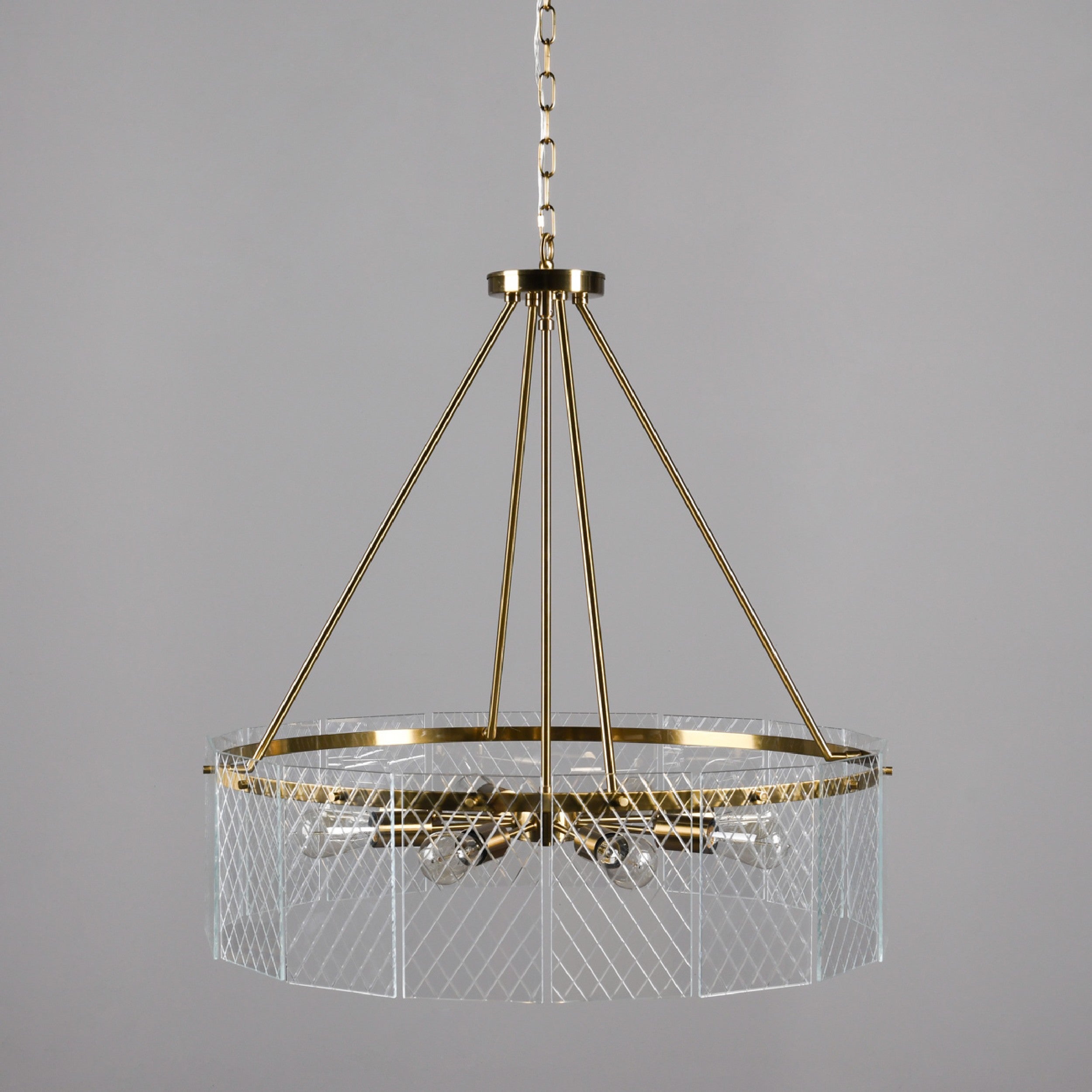 32 Inch Round 8 Light Chandelier, Diamond Lattice, Gold Iron, Clear Glass