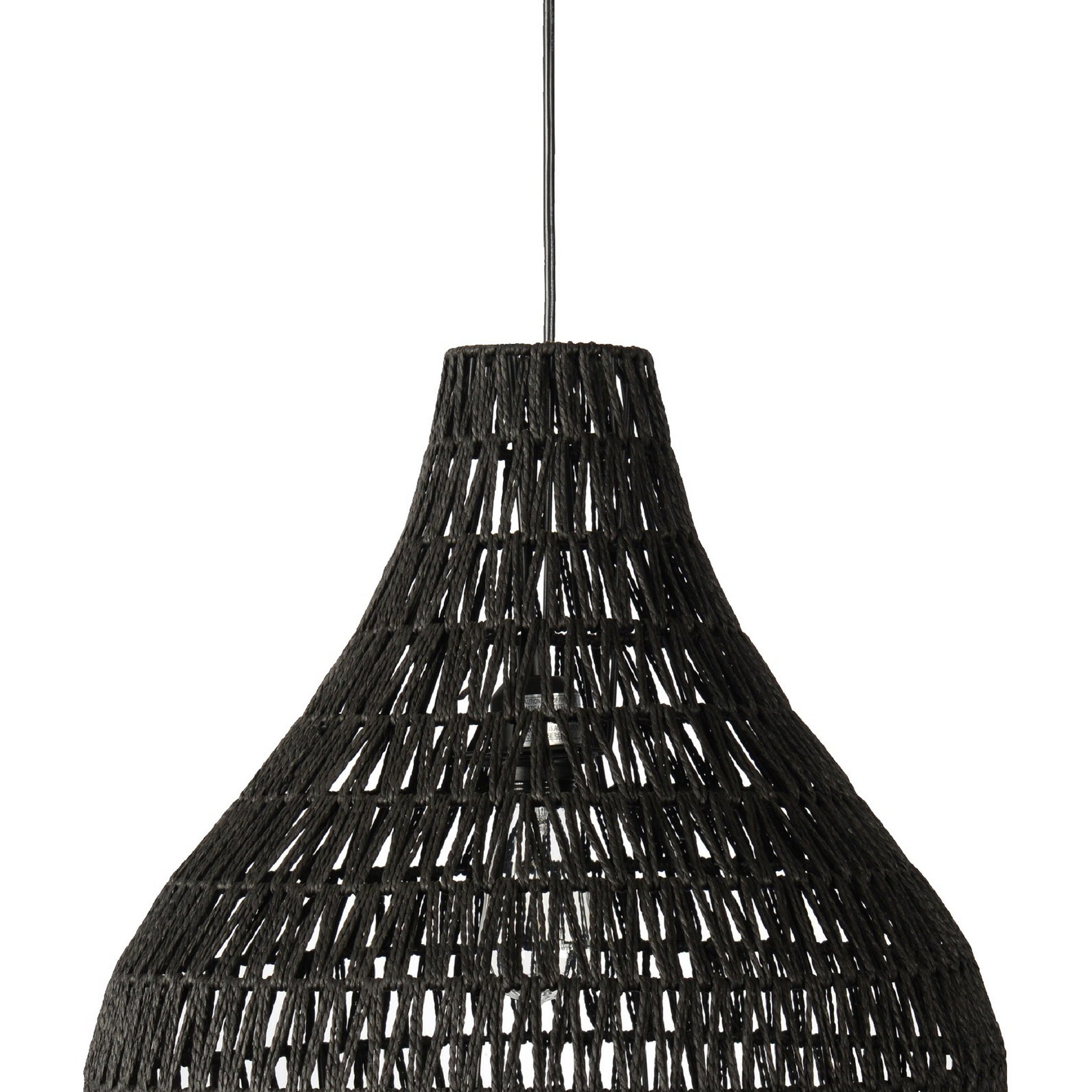 Boney 18 Inch Pendant Light, Woven Rope, Rounded Shape, Iron, Black