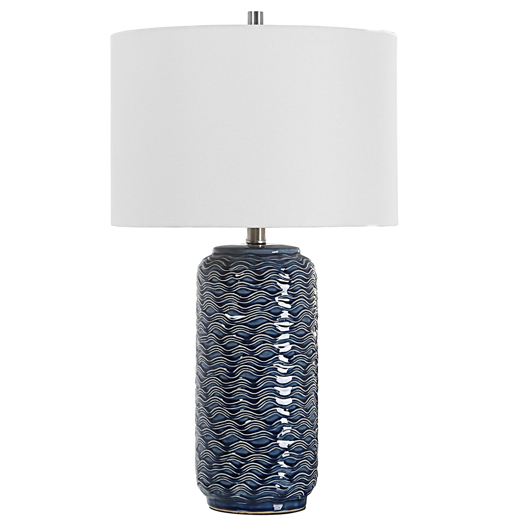 Benzara 27 Inch Ceramic Table Lamp, Wavy Texture, Blue, Silver and White, Model BM277028