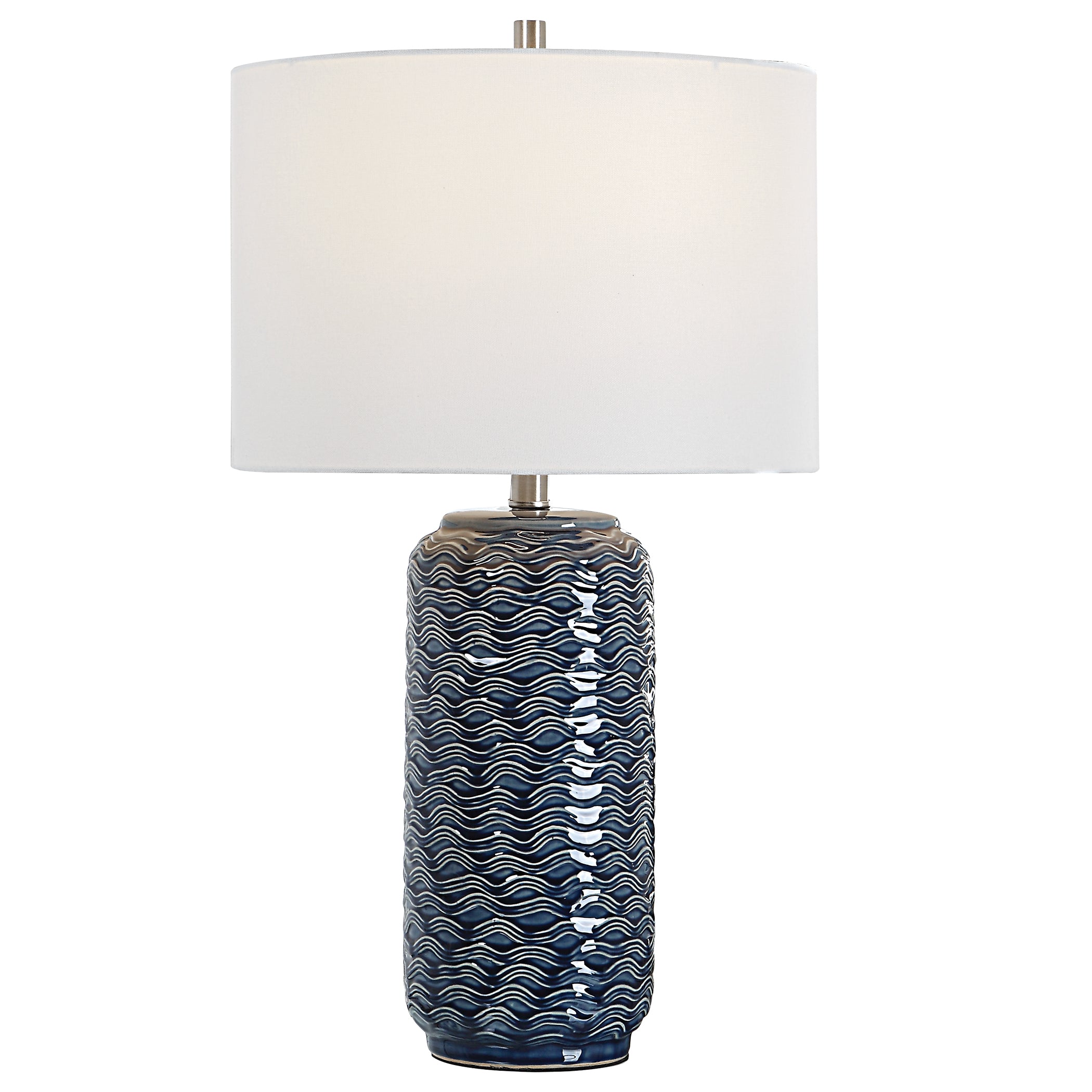 Benzara 27 Inch Ceramic Table Lamp, Wavy Texture, Blue, Silver and White, Model BM277028