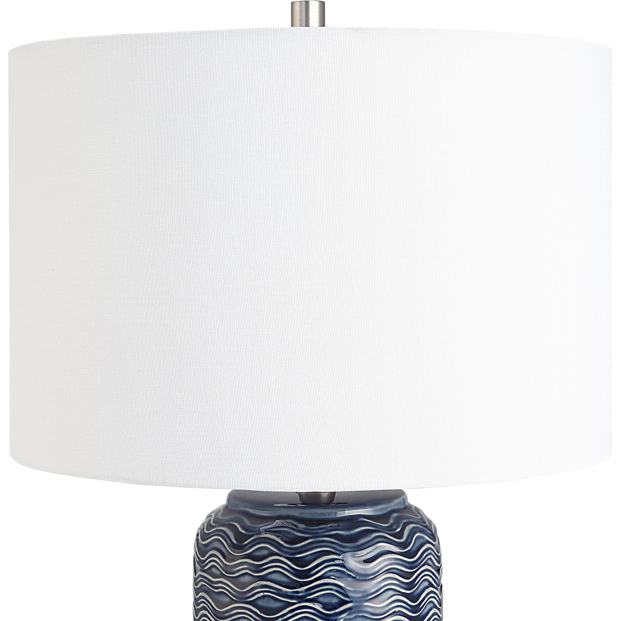 Benzara 27 Inch Ceramic Table Lamp, Wavy Texture, Blue, Silver and White, Model BM277028