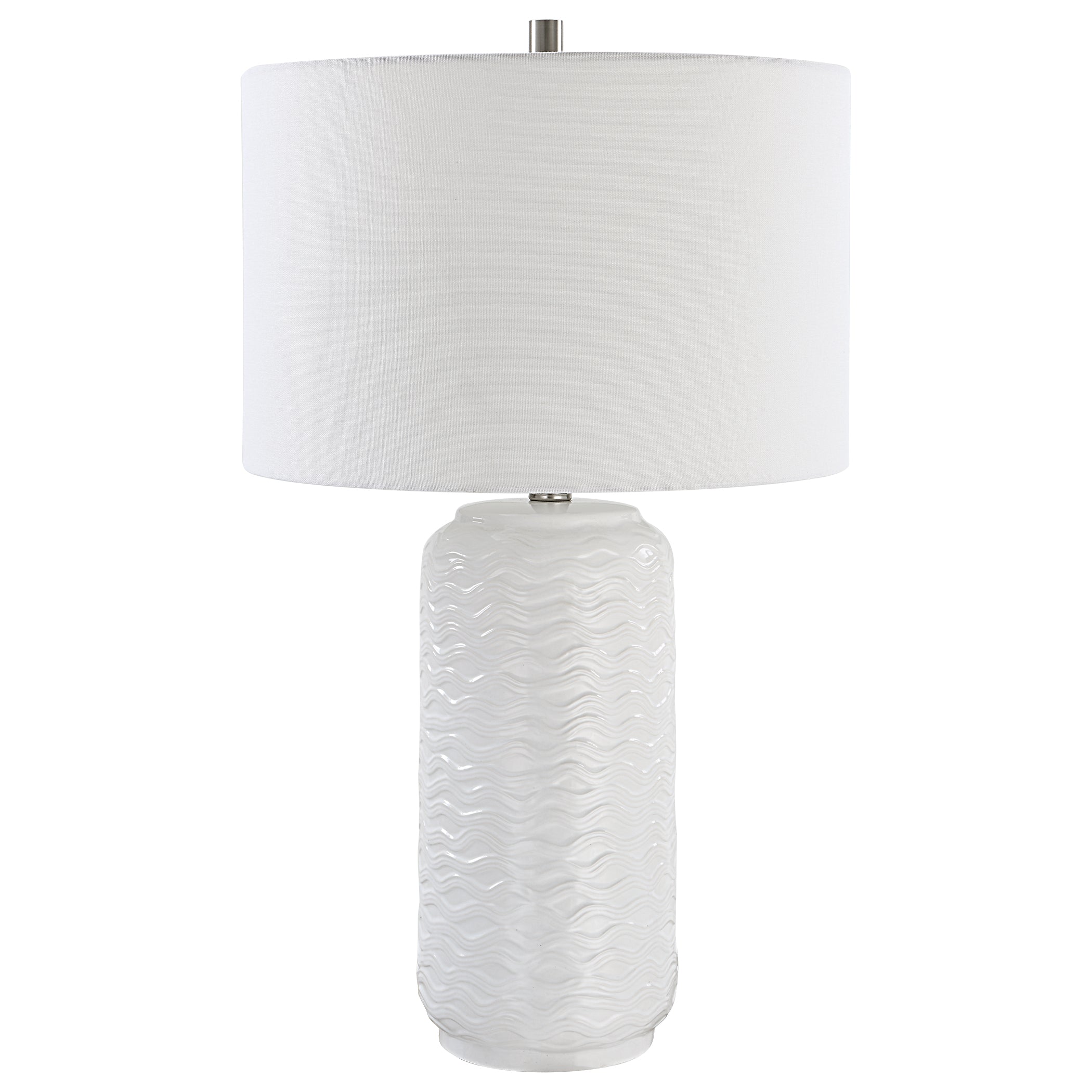 Benzara 27 Inch Ceramic Table Lamp, Wavy Texture, Silver and White, Model BM277032