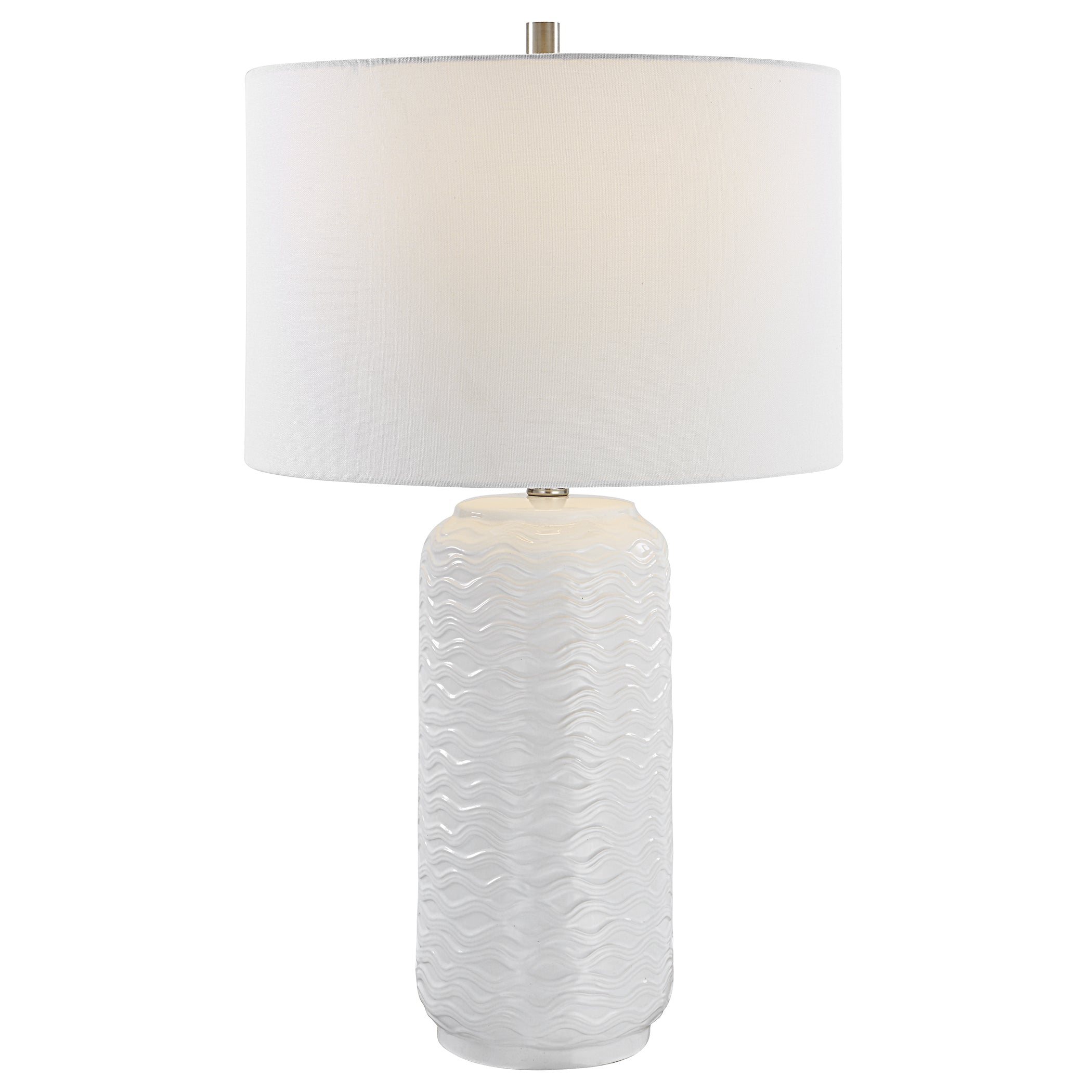 Benzara 27 Inch Ceramic Table Lamp, Wavy Texture, Silver and White, Model BM277032