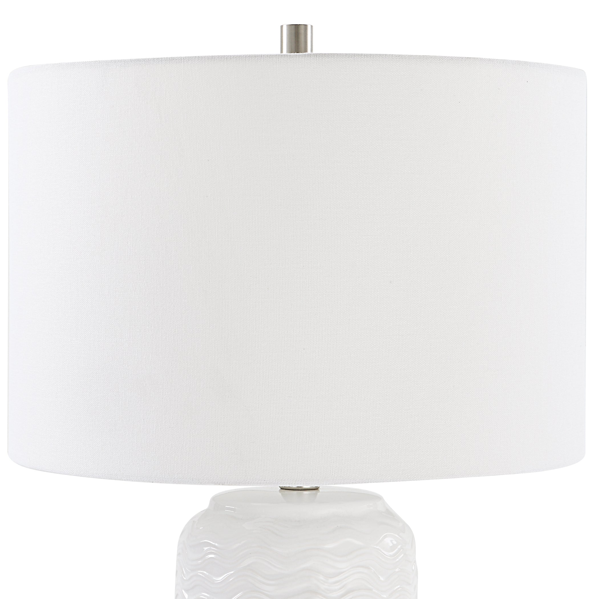 Benzara 27 Inch Ceramic Table Lamp, Wavy Texture, Silver and White, Model BM277032