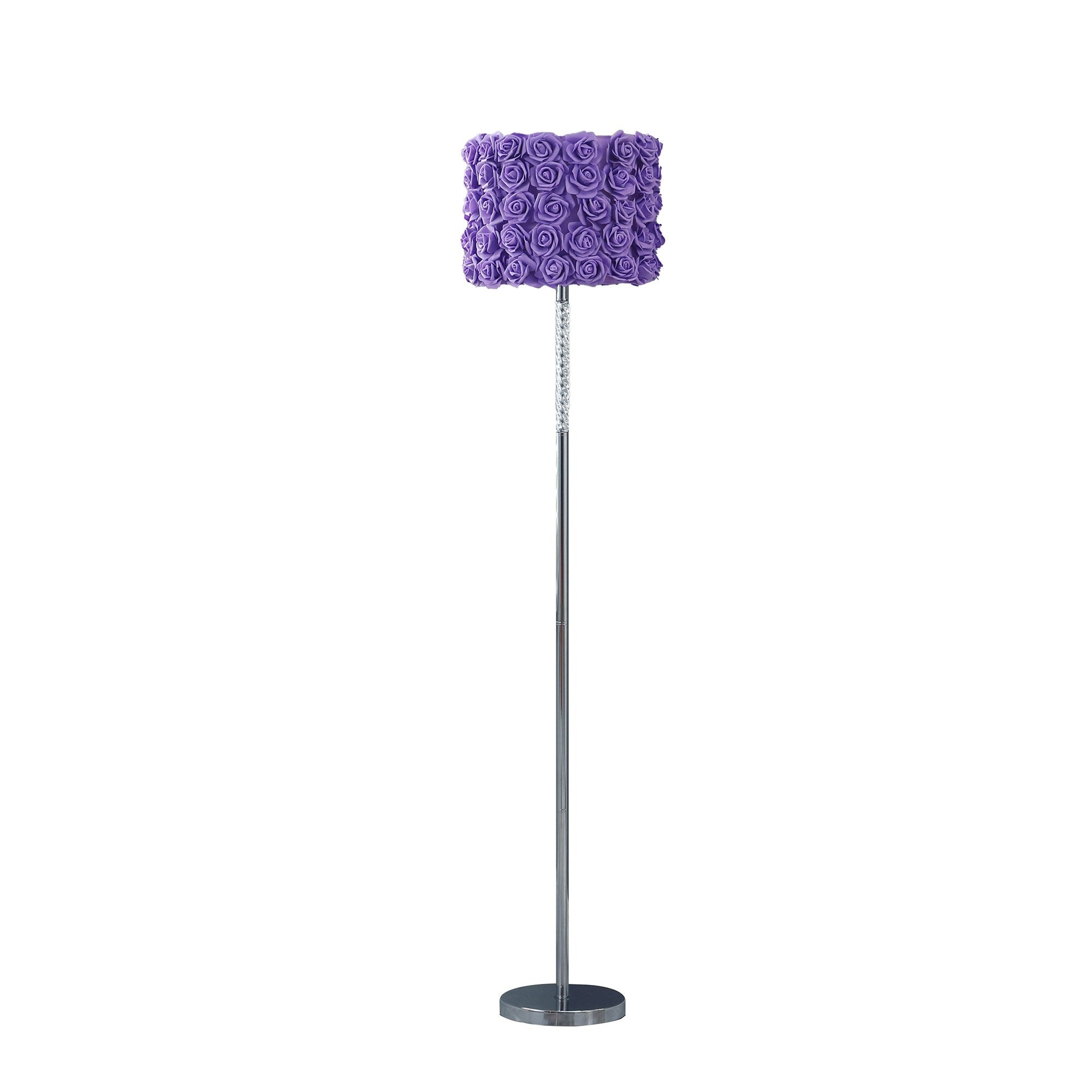 Benzara Glamorous Floor Lamp, 63 Inch, Rose Accent Shade, 100W, Purple, Silver, Model BM279107