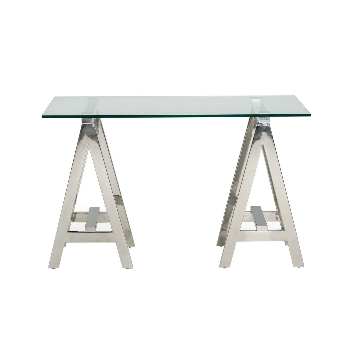 Cid 47 Inch Modern Console Table, Glass Top, Metal sawhorse Base, Chrome