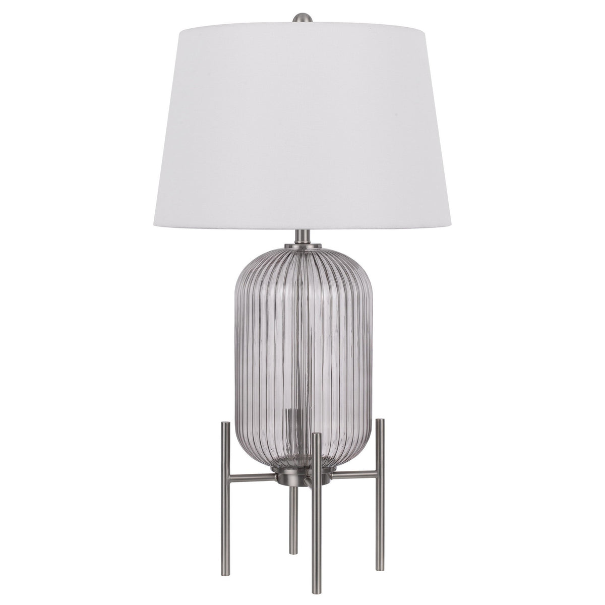 33 Inch Modern Table Lamp, Rounded Glass Fluted Body, Steel Stand, White