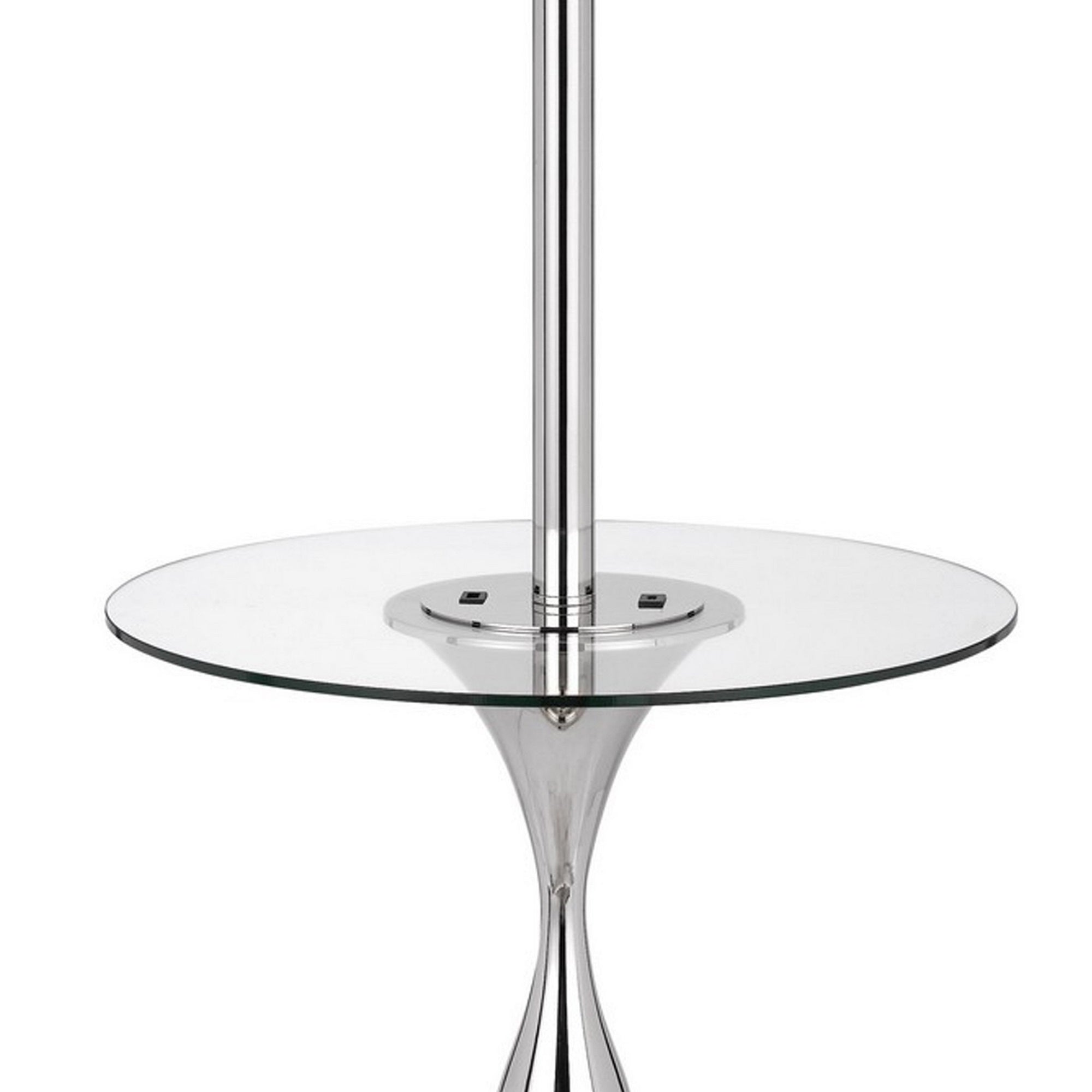 Benzara Modern Floor Lamp with Glass Tray Table, 1 USB Port, 61 Inch, White and Chrome, Model BM282145