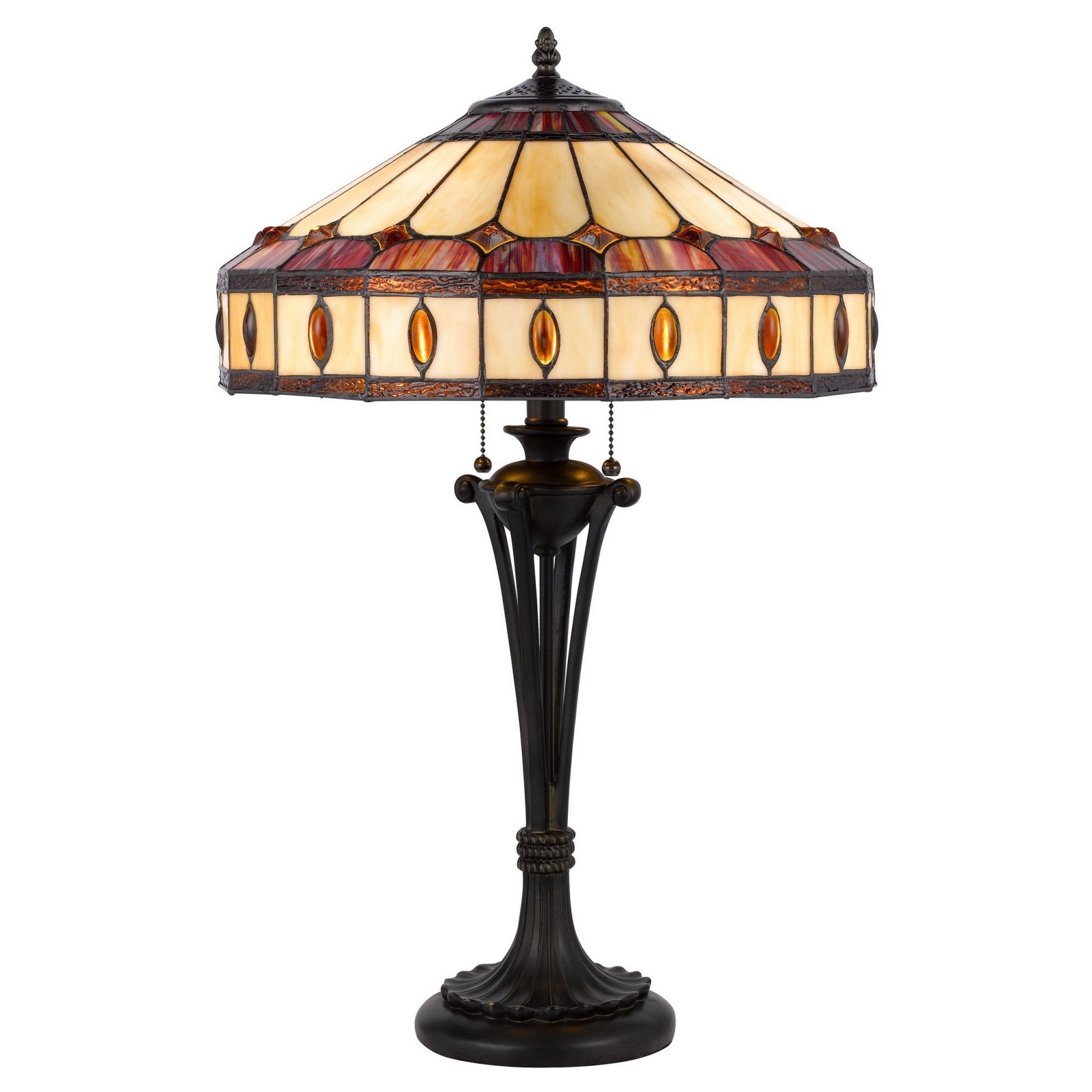 Benzara Vintage Table Lamp, Tiffany Style, 26 Inch, Stained Glass, Brown, Model BM282170