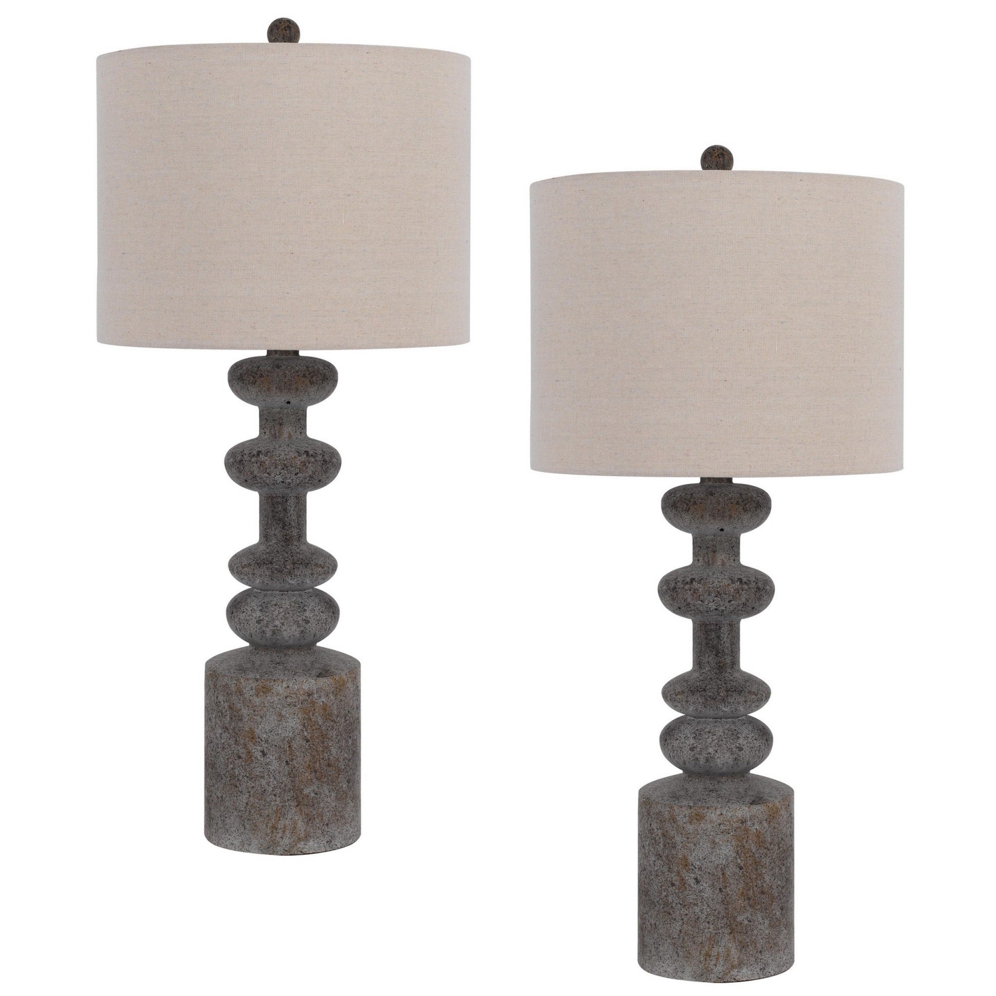 Benzara 31 Inch Accent Table Lamp Set of 2, Resin Turned Base, Linen Shade, Beige and Gray, Model BM282179