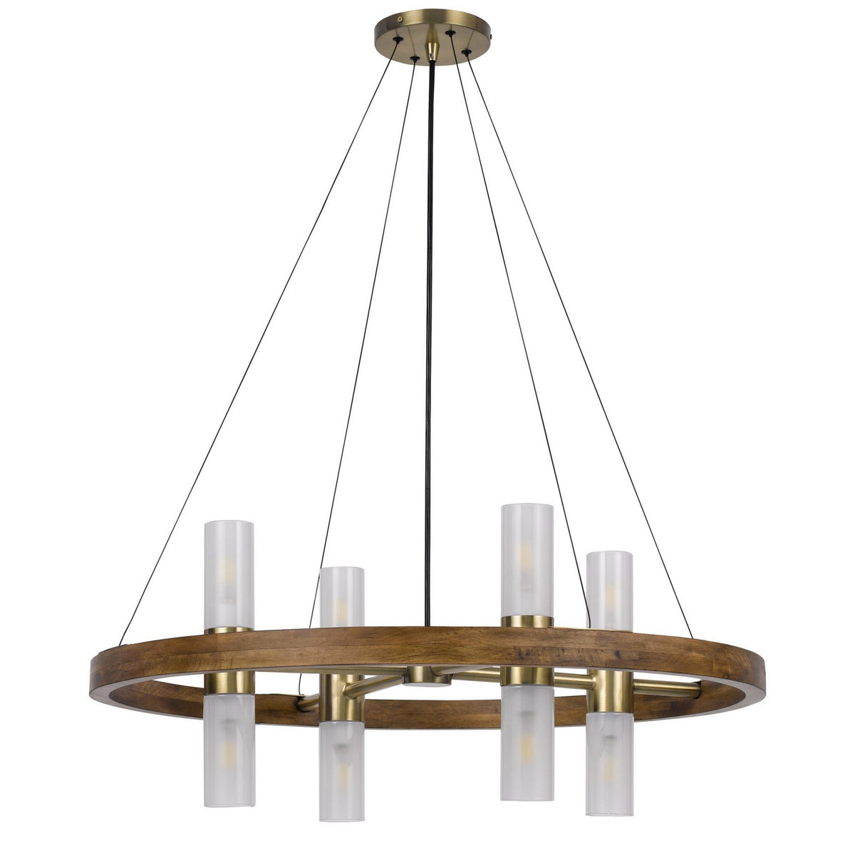 32 Inch Dia. Chandelier, Round Outer Frame, 4 Frosted Glass Shades, Brass
