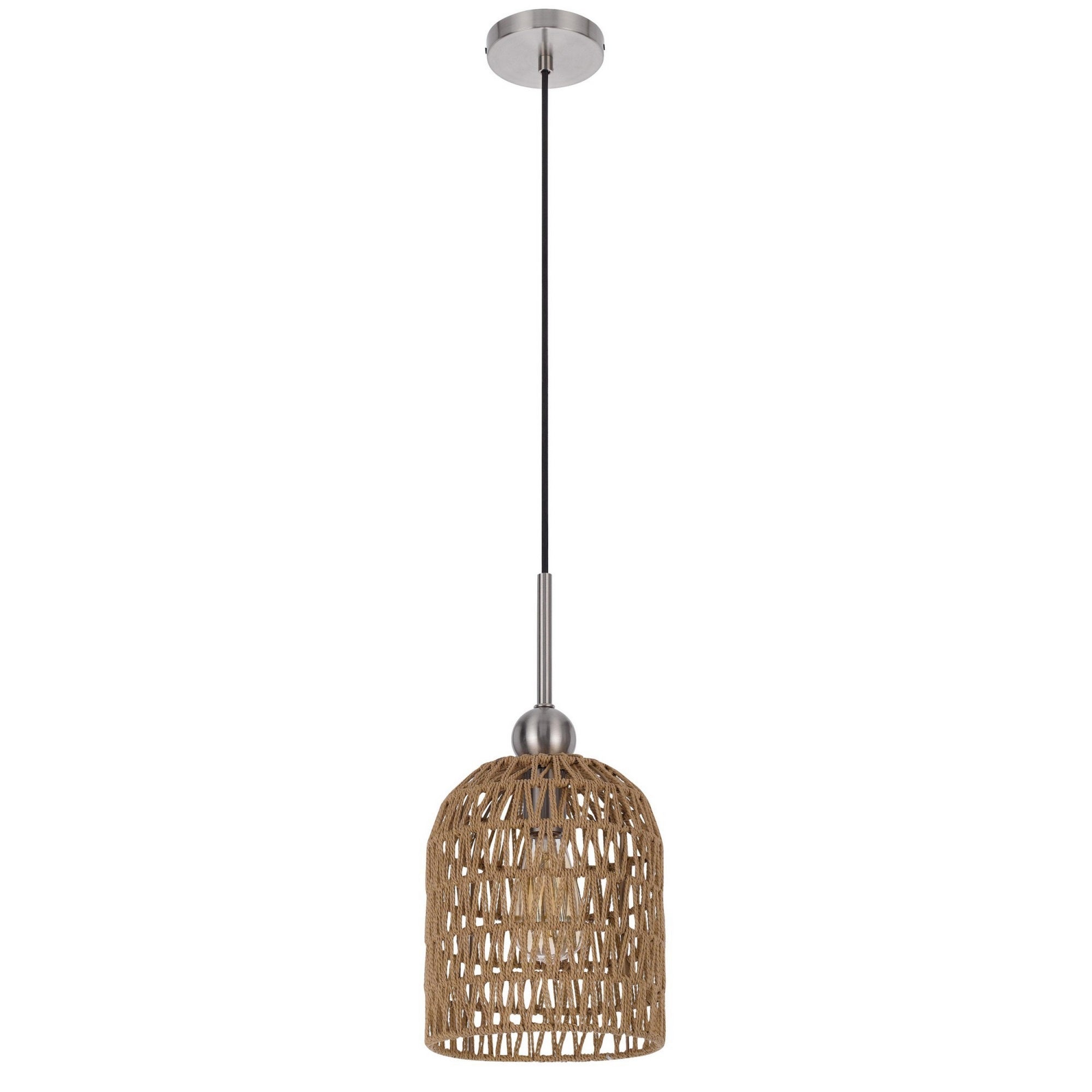 Benzara Pendant Ceiling Light Fixture, 8 Inch, Rope Woven Shade, Brown and Chrome, Model BM282186