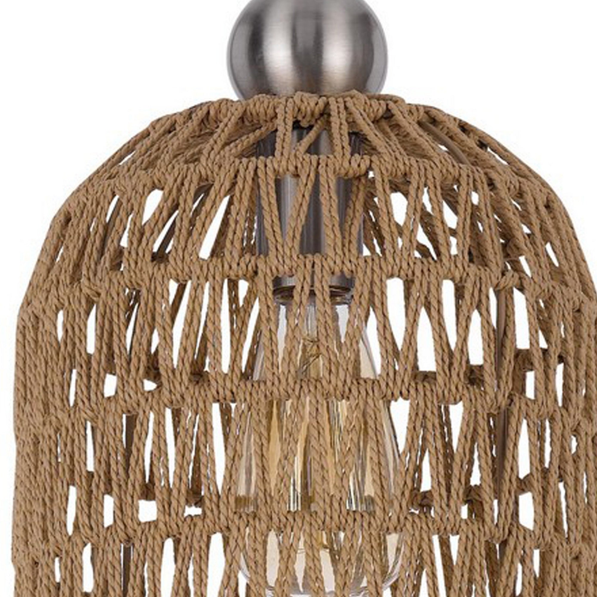 Benzara Pendant Ceiling Light Fixture, 8 Inch, Rope Woven Shade, Brown and Chrome, Model BM282186