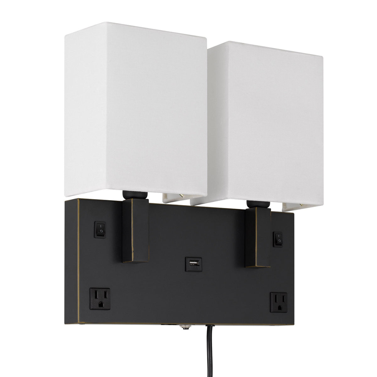 Olive Modern Metal Wall Lamp, 2 Shades, USB, 2 Power Outlets, White, Black