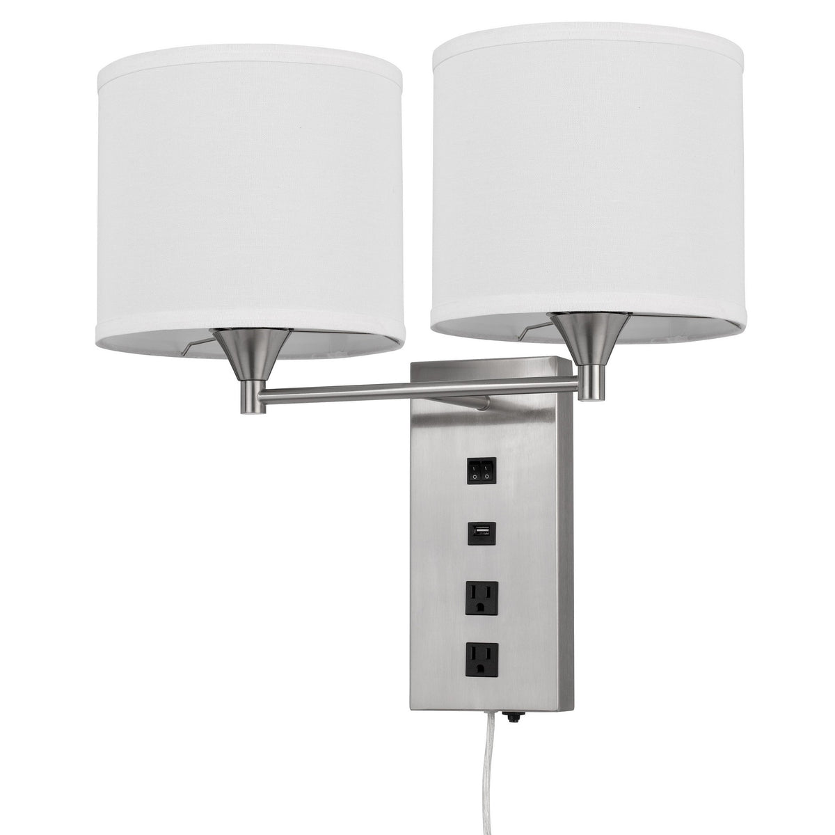 Rexi Modern Metal Wall Lamp, 2 Shades, USB, 2 Power Outlets, White, Silver
