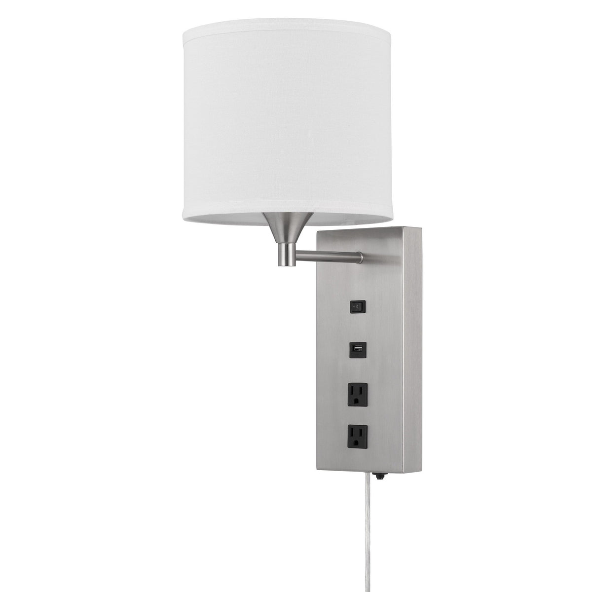 Rexi 19 Inch Modern Metal Wall Lamp, USB, 2 Power Outlets, White, Silver