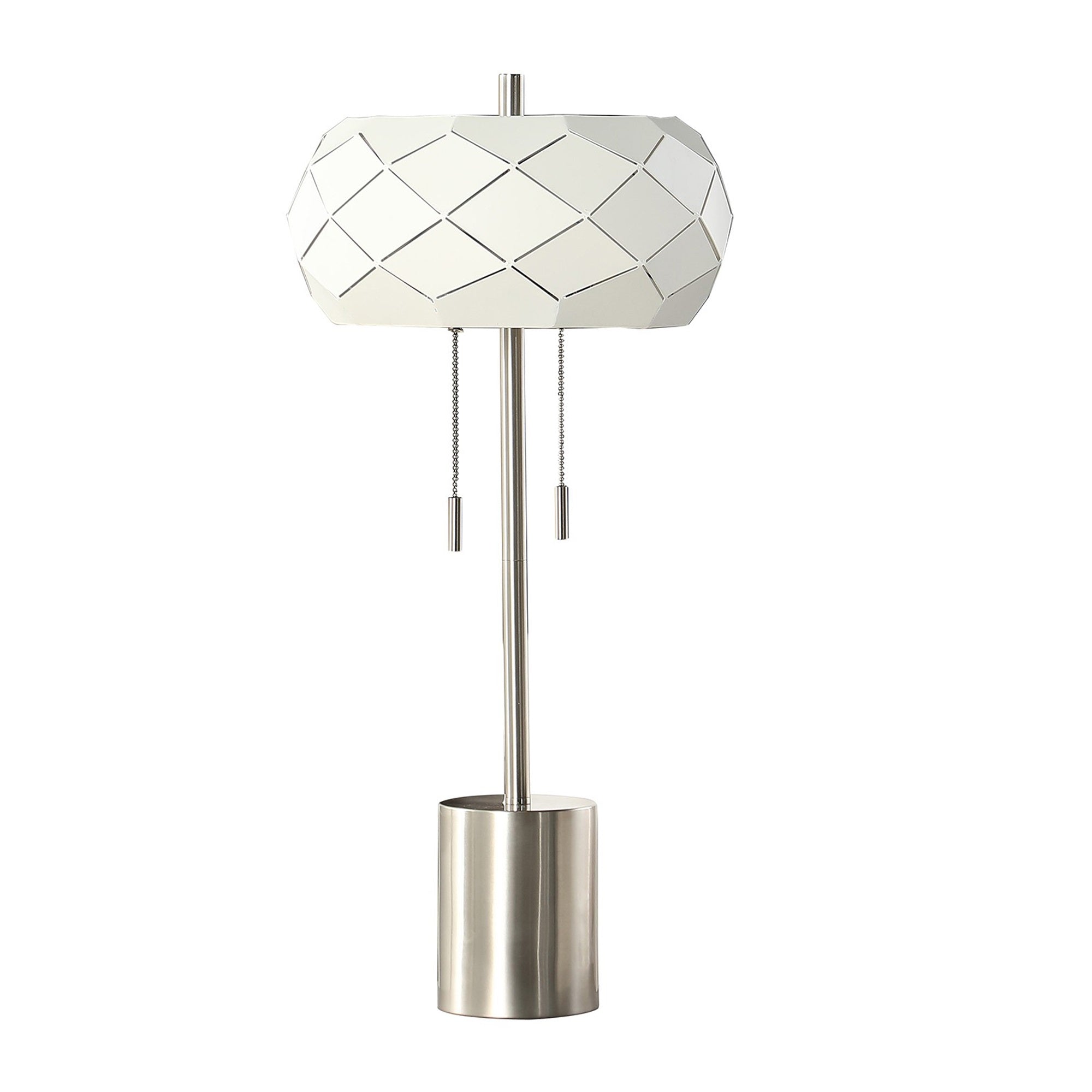 28 Inch Accent Table Lamp, Geometric Drum Shade, Metal Base, White, Silver