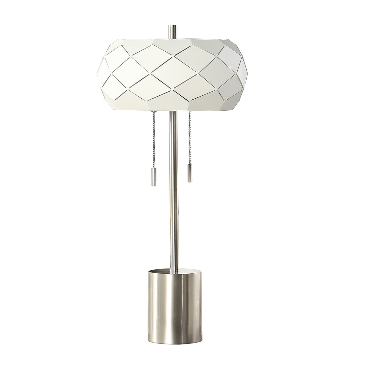 28 Inch Accent Table Lamp, Geometric Drum Shade, Metal Base, White, Silver