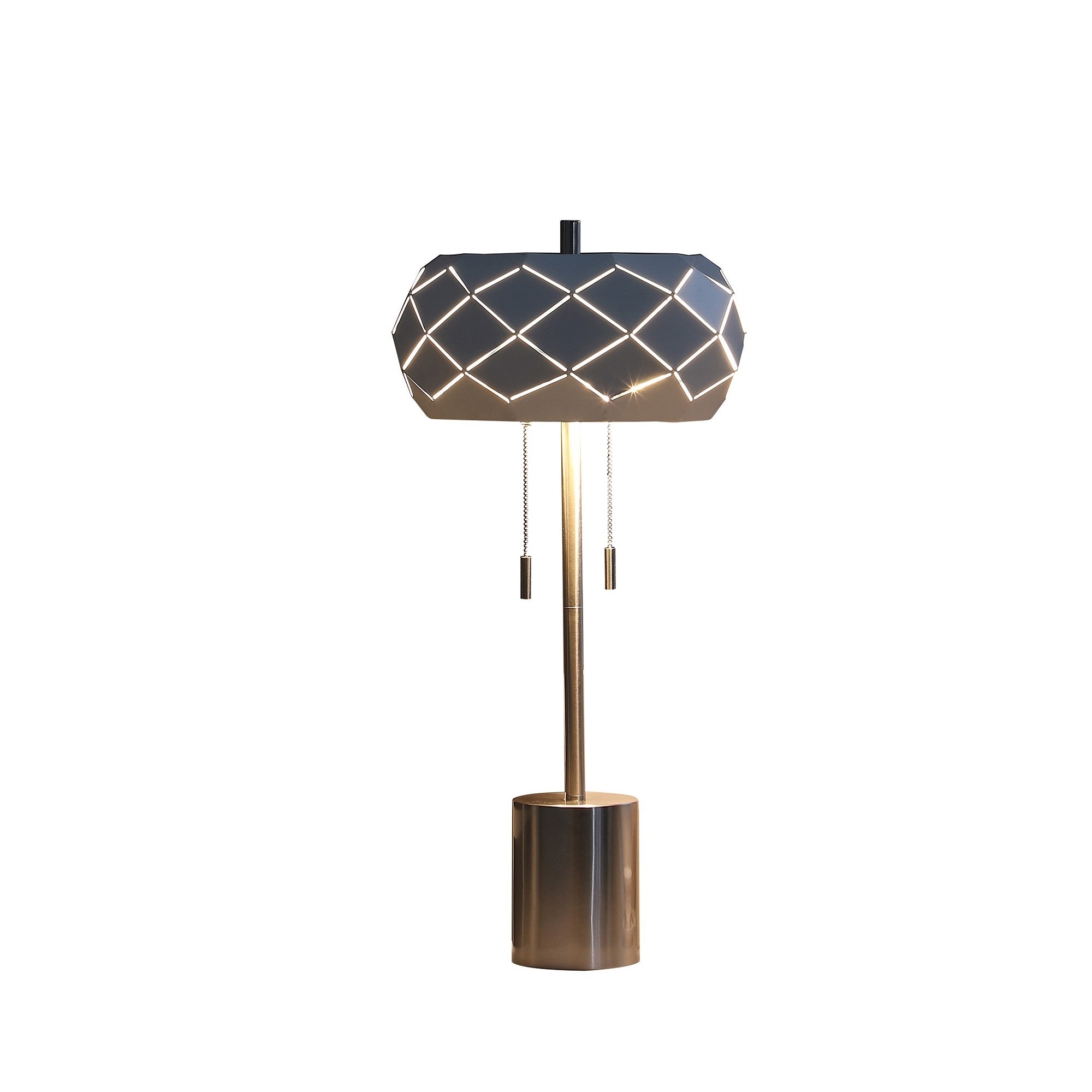 28 Inch Accent Table Lamp, Geometric Drum Shade, Metal Base, White, Silver