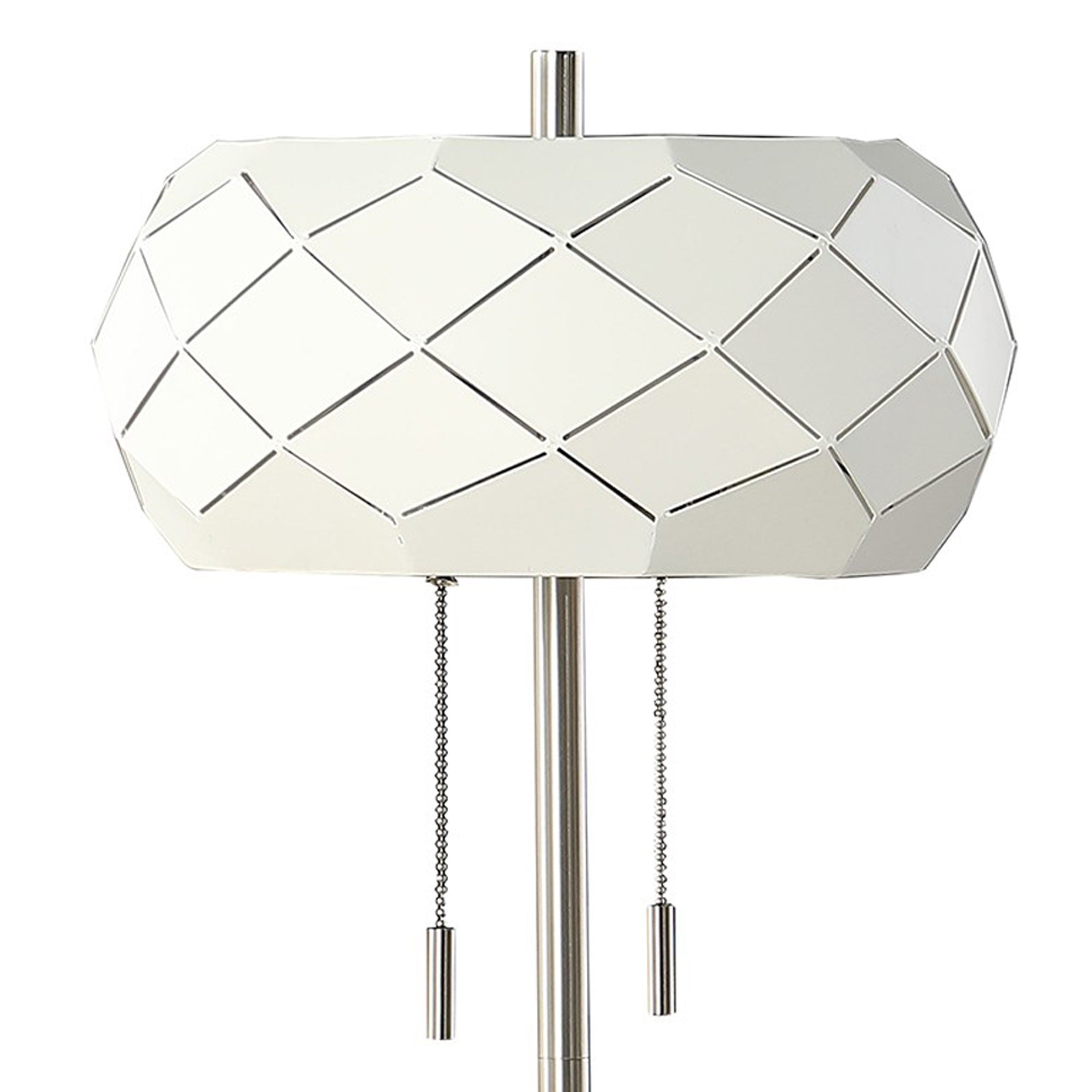 28 Inch Accent Table Lamp, Geometric Drum Shade, Metal Base, White, Silver