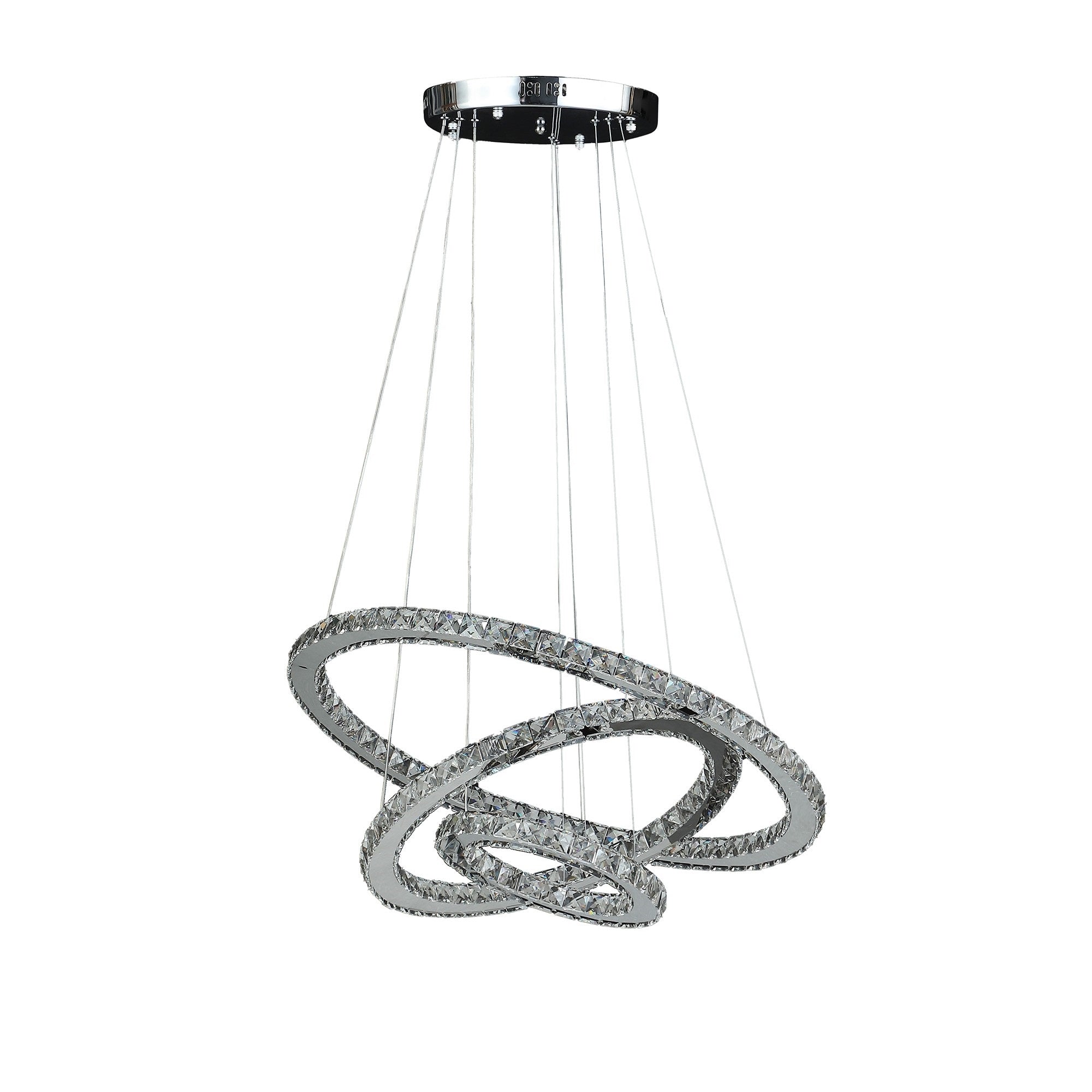 Benzara Adjustable Chandelier, Metal & Crystal, 12-47 Inch, Offset Circle Design, Silver Chrome Finish, Model BM283276