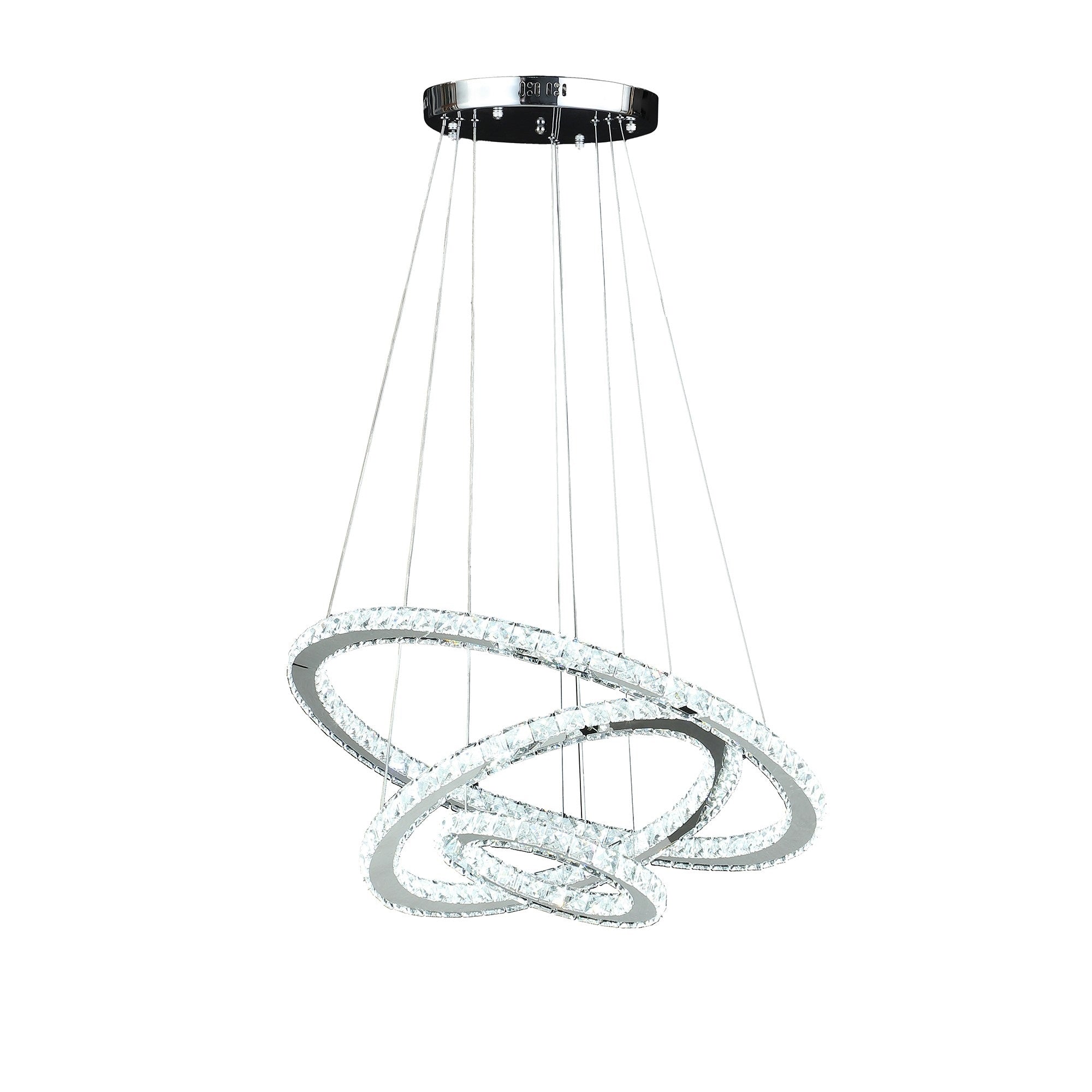Benzara Adjustable Chandelier, Metal & Crystal, 12-47 Inch, Offset Circle Design, Silver Chrome Finish, Model BM283276